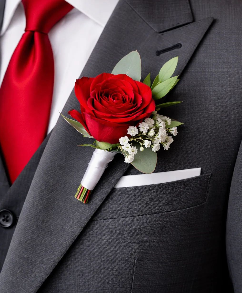 Single Red Rose Boutonnière PIN-ON