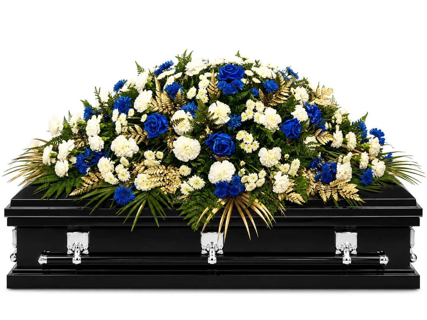 Royal Blue & Ivory with Gold Accent Eternal Tribute Casket Spray Royal Blue & Ivory with Gold Accent Eternal Tribute Casket Spray