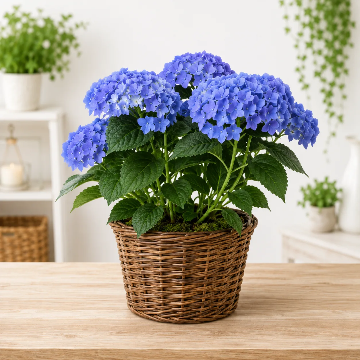 Blue Hydrangea in Wicker Basket Blue Hydrangea in Wicker Basket
