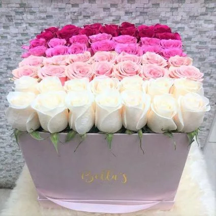 OMBRE ROSE BOX -49 ROSES LARGE PINK SUADE BOX OMBRE ROSE BOX -49 ROSES LARGE PINK SUADE BOX