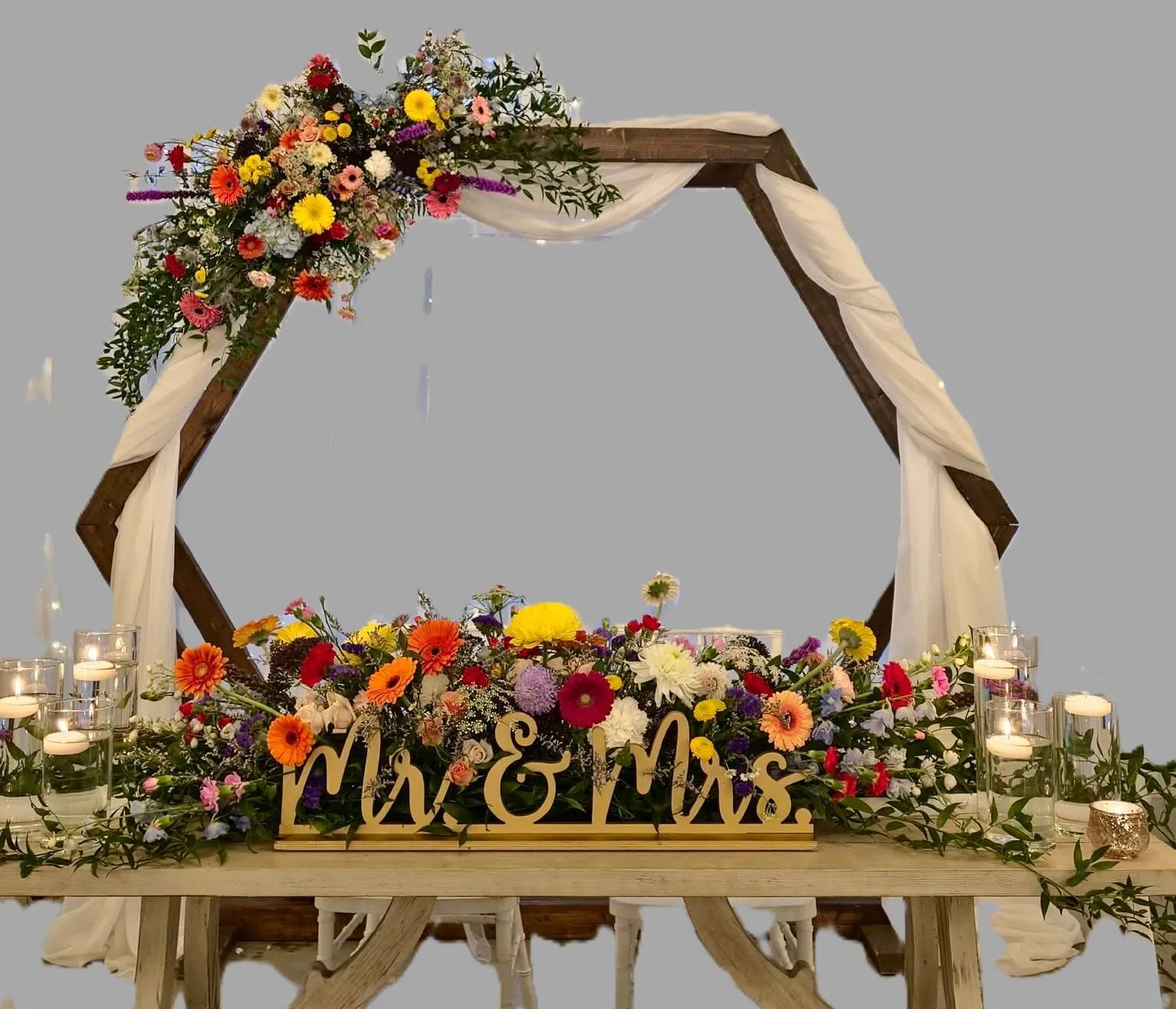 Sweetheart Table & Arch Wildflower Arrangements