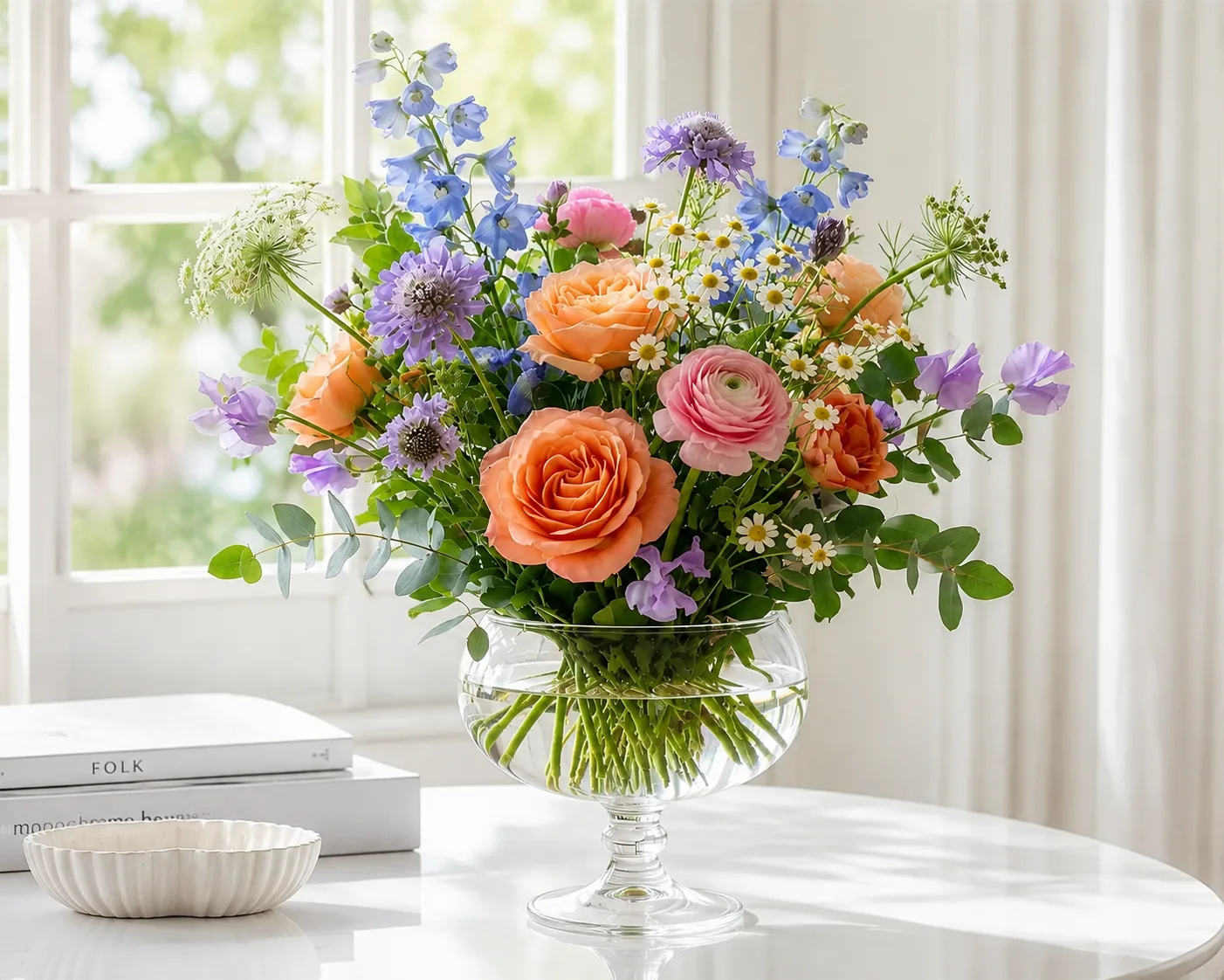 Designers Choice - Wild Child Whimsical Seasonal Wildflower Arrangement in Clear Compote Vase Designers Choice - Wild Child Whimsical Seasonal Wildflower Arrangement in Clear Compote Vase