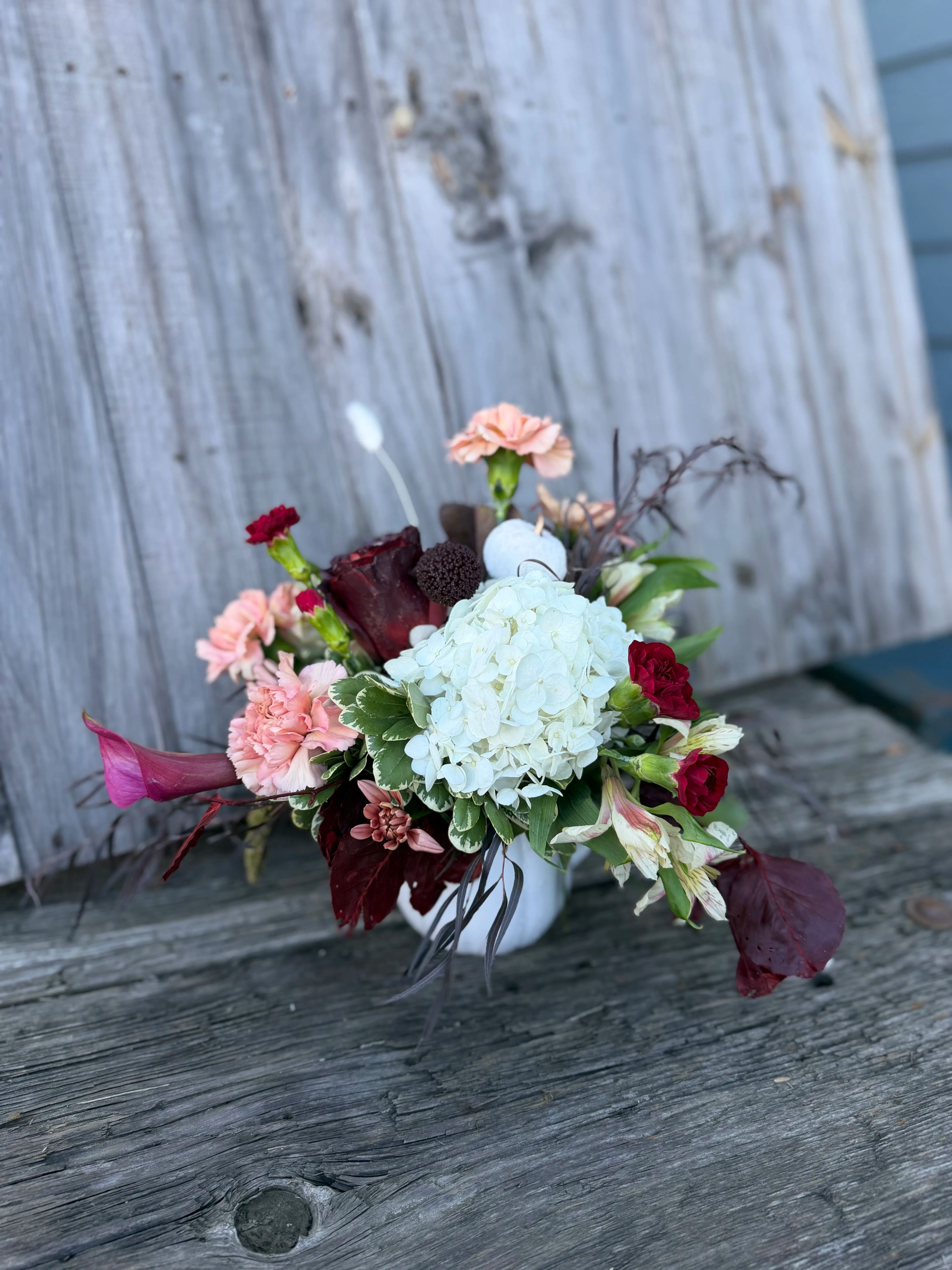 Burgundy peach and white