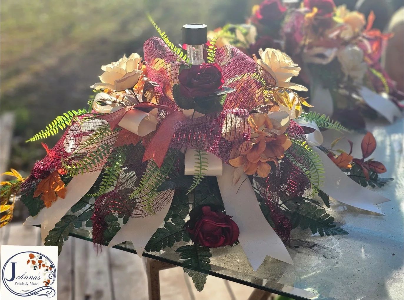Silk Spray On A Brick With Solar Light Silk Arrangement