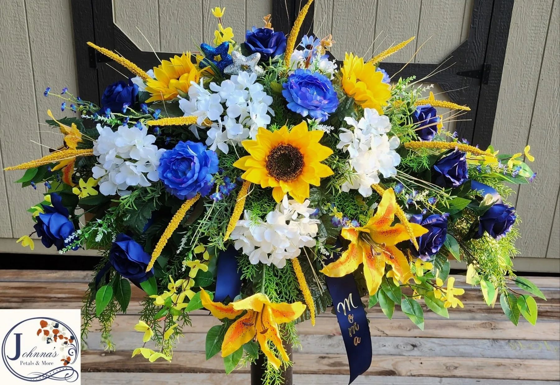 Silk Navy & Yellow Customized Casket Spray