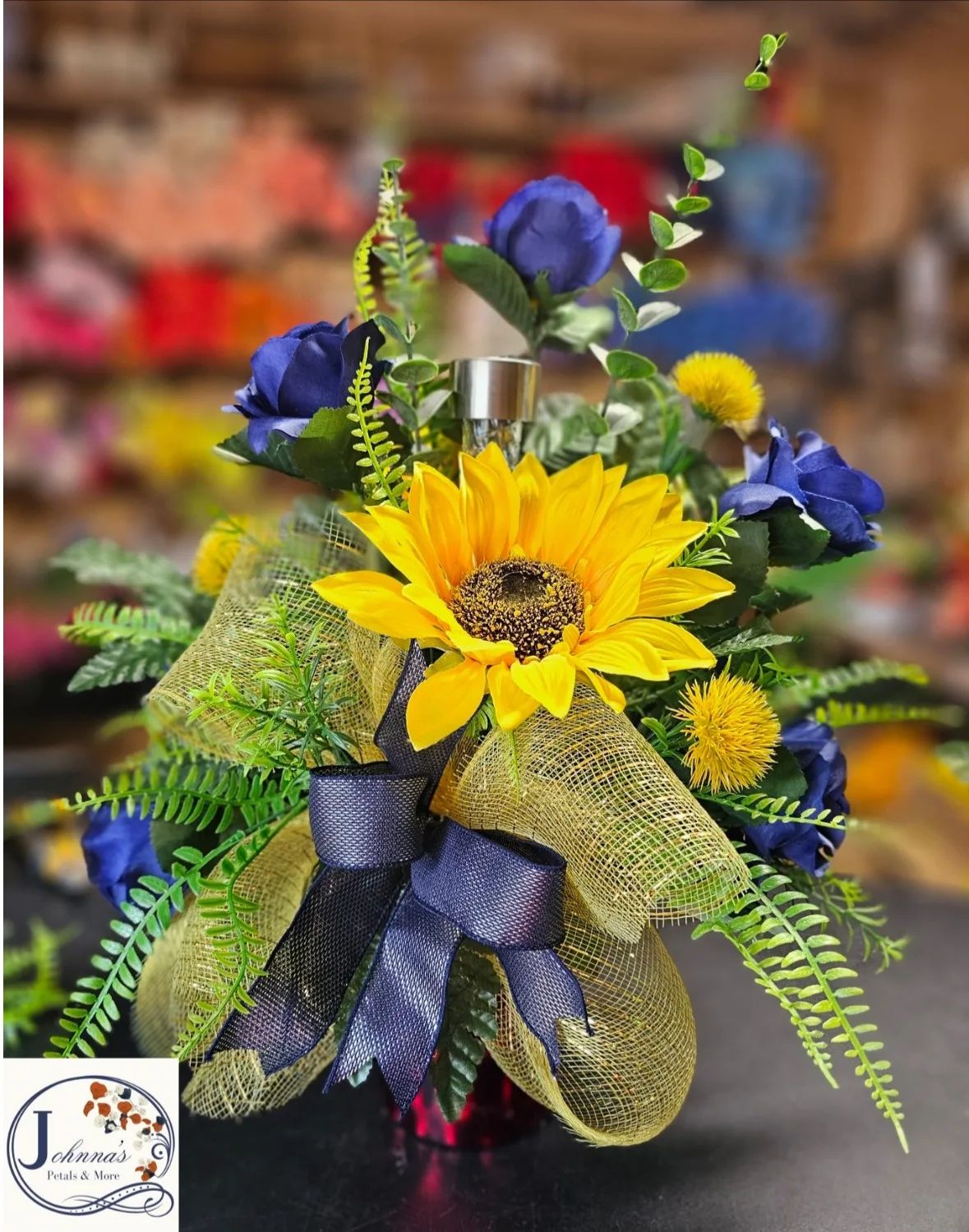 Blue & Yellow Silk Cemetery Vase Insert w/solar