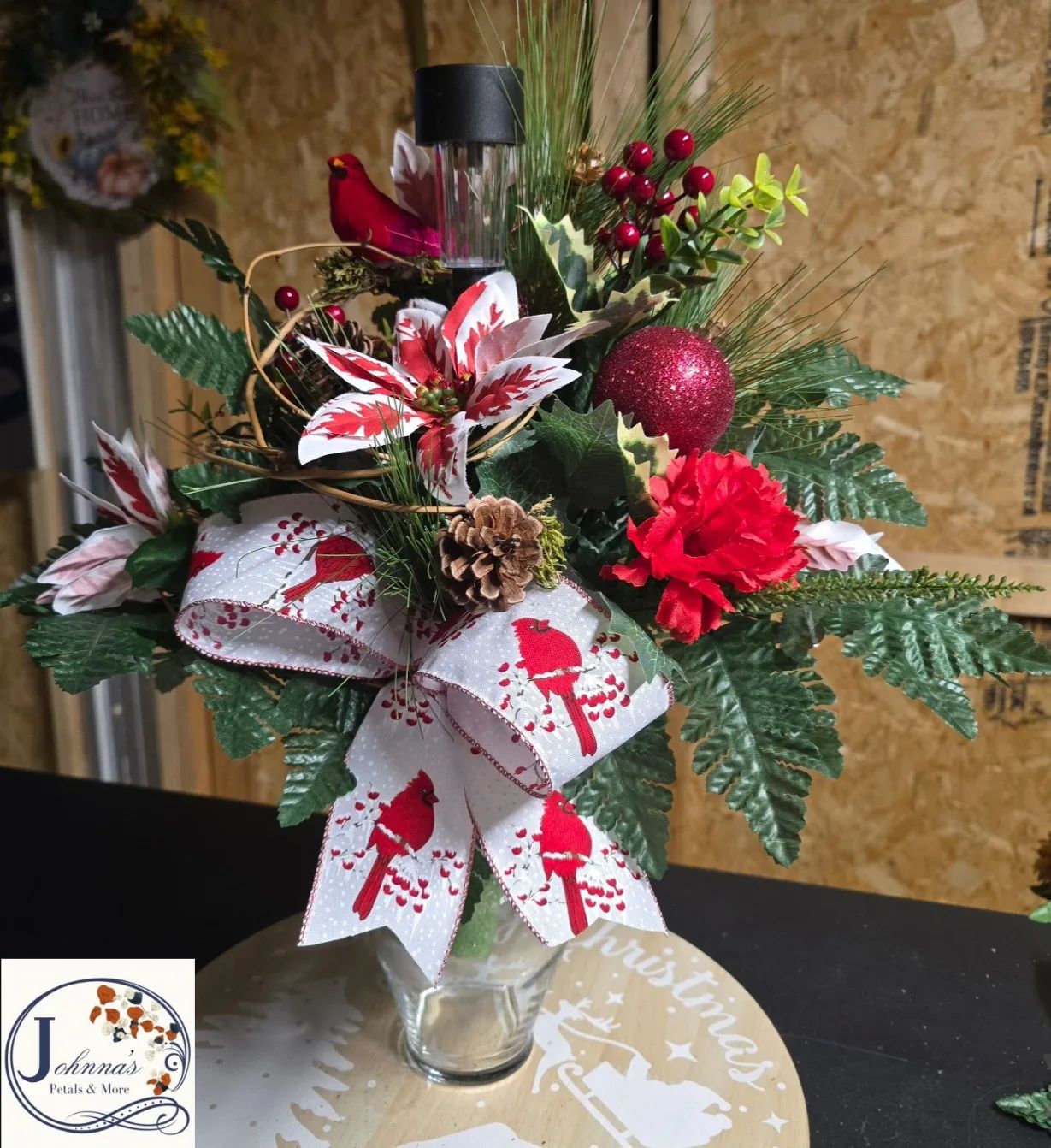 Silk Christmas Cemetery Vase Insert w/solar Silk Arrangement