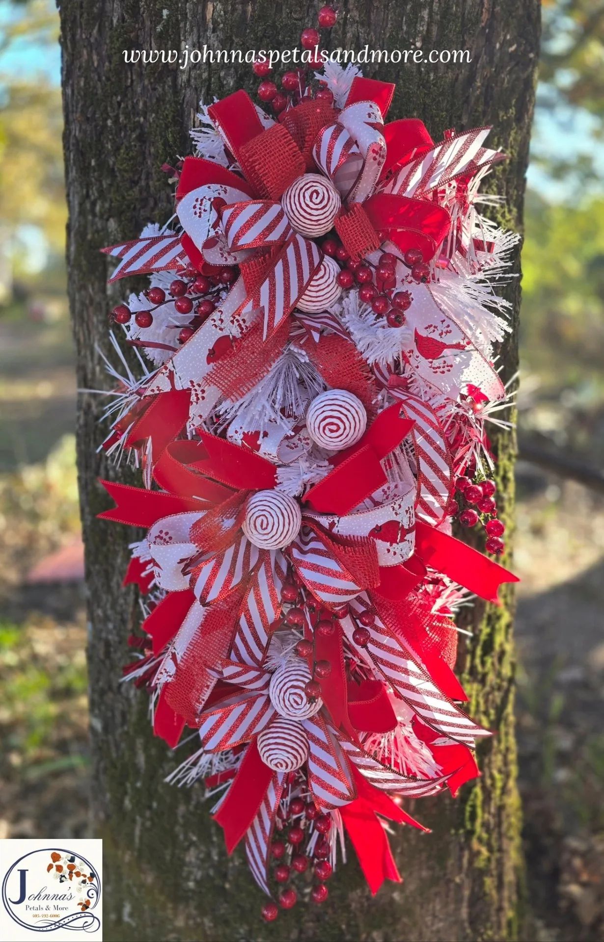 Peppermint Beauty with Cardinals Silk Christmas Door Swag Peppermint Beauty with Cardinals Silk Christmas Door Swag