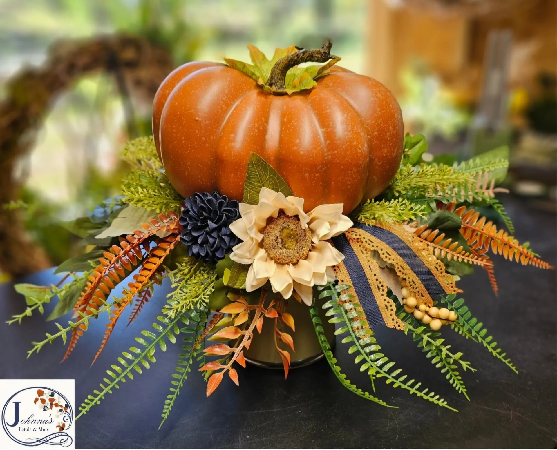 Autumn Blues and Oranges Silk Pumpkin Centerpiece on short candle holder Autumn Blues and Oranges Silk Pumpkin Centerpiece on short candle holder