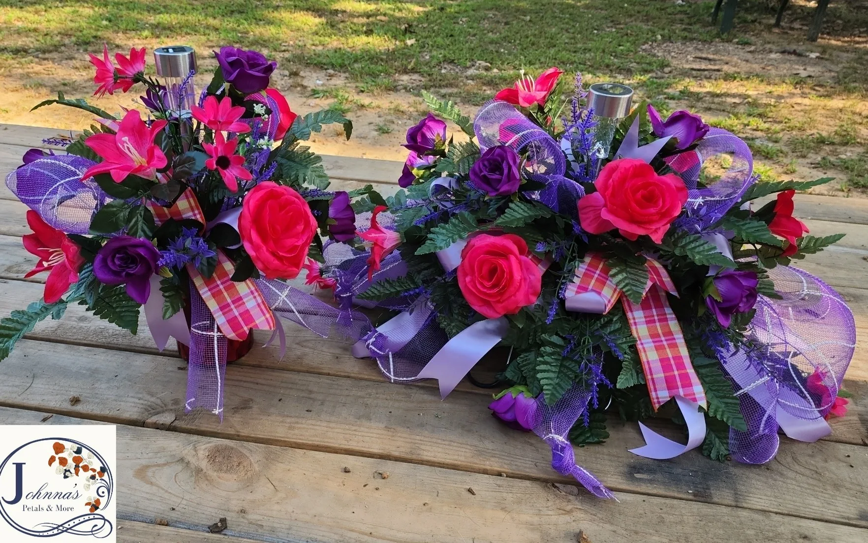Silk Pink and Purple Cemetery Florals Silk saddle and matching vase Silk Pink and Purple Cemetery Florals Silk saddle and matching vase