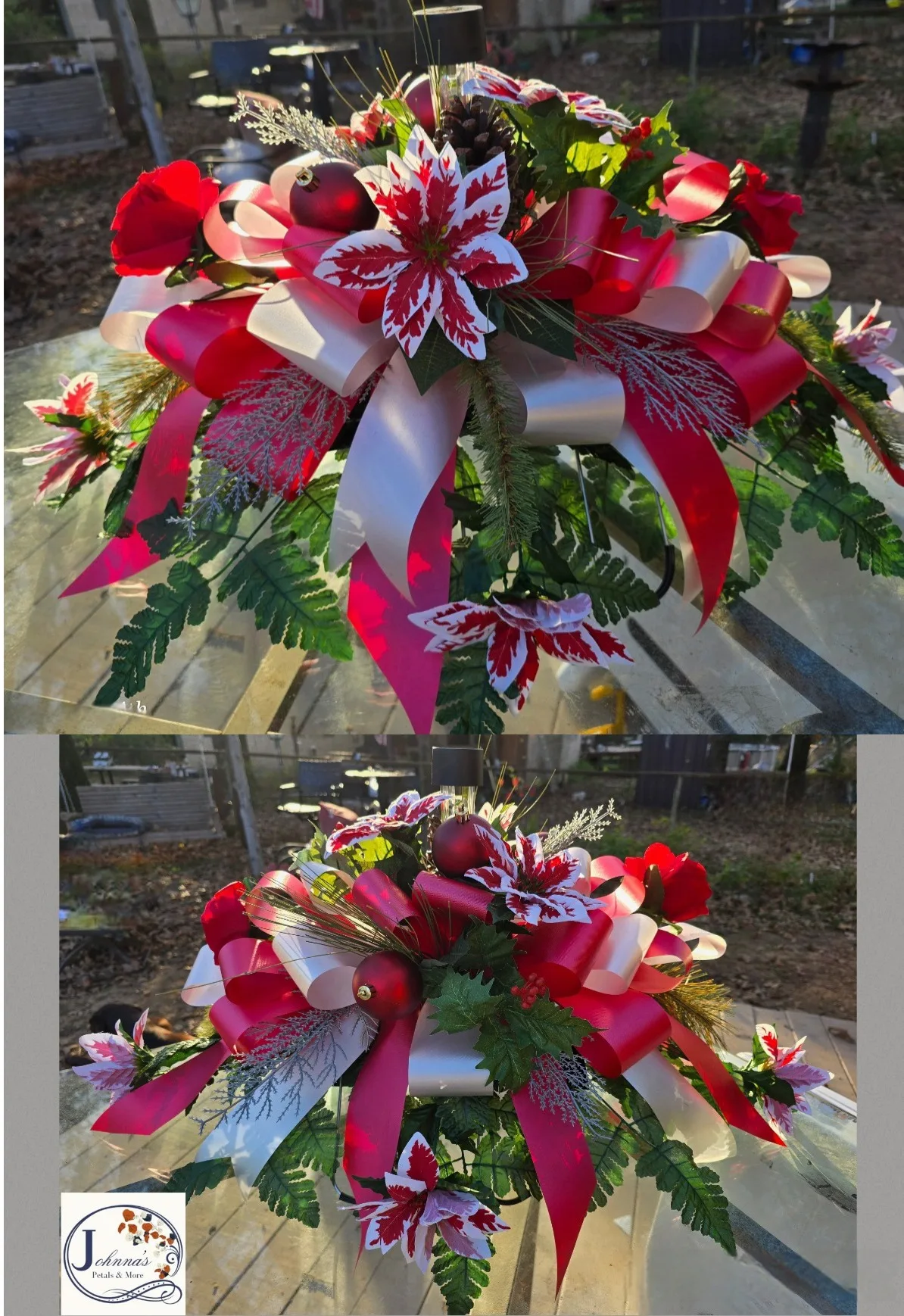 Silk Christmas Cemetery Saddle w/solar Silk Arrangement Silk Christmas Cemetery Saddle w/solar Silk Arrangement