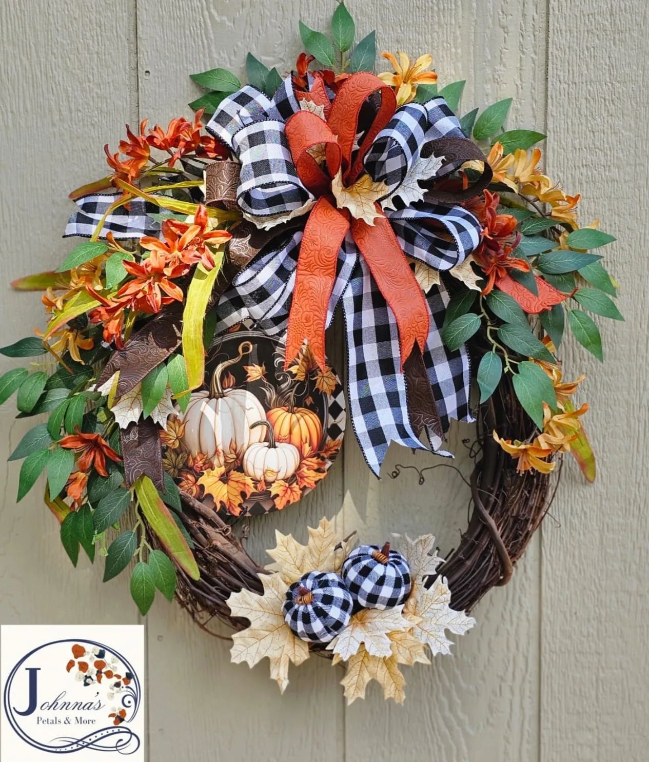 Fall Black/White Gingham Grapevine Wreath