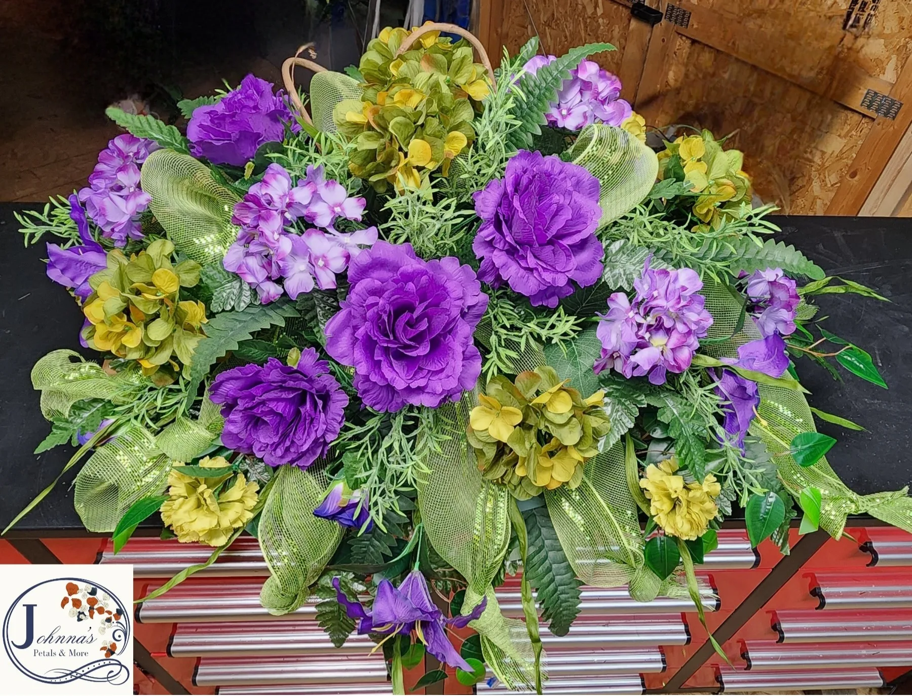 Silk Purple and Green Mix Casket Spray Silk Purple and Green Mix Casket Spray