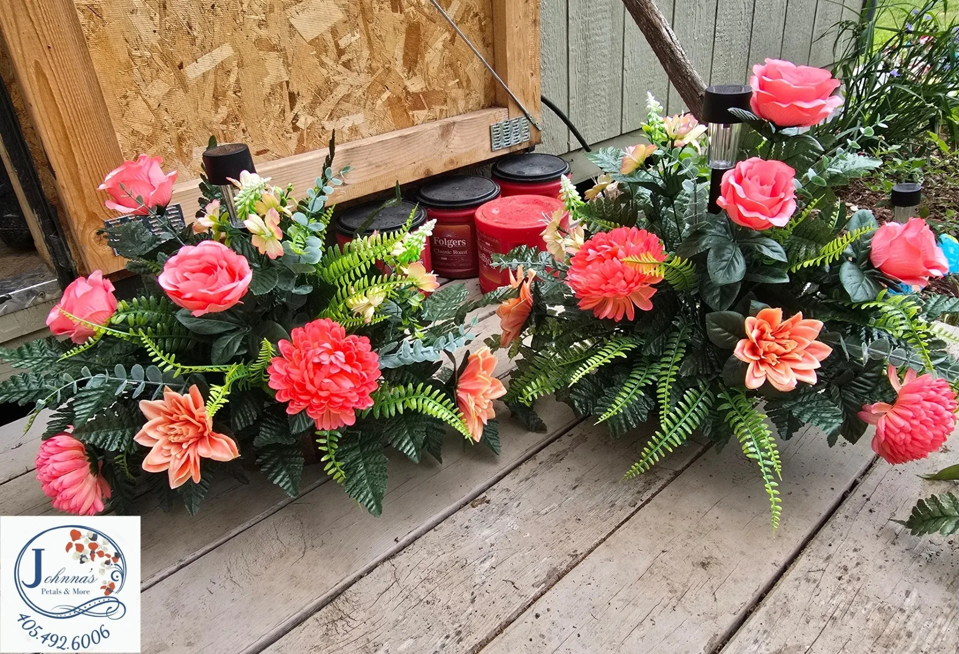 'Peach' Silk Cemetery Vases on Brick w/solar Silk Arrangement 'Peach' Silk Cemetery Vases on Brick w/solar Silk Arrangement