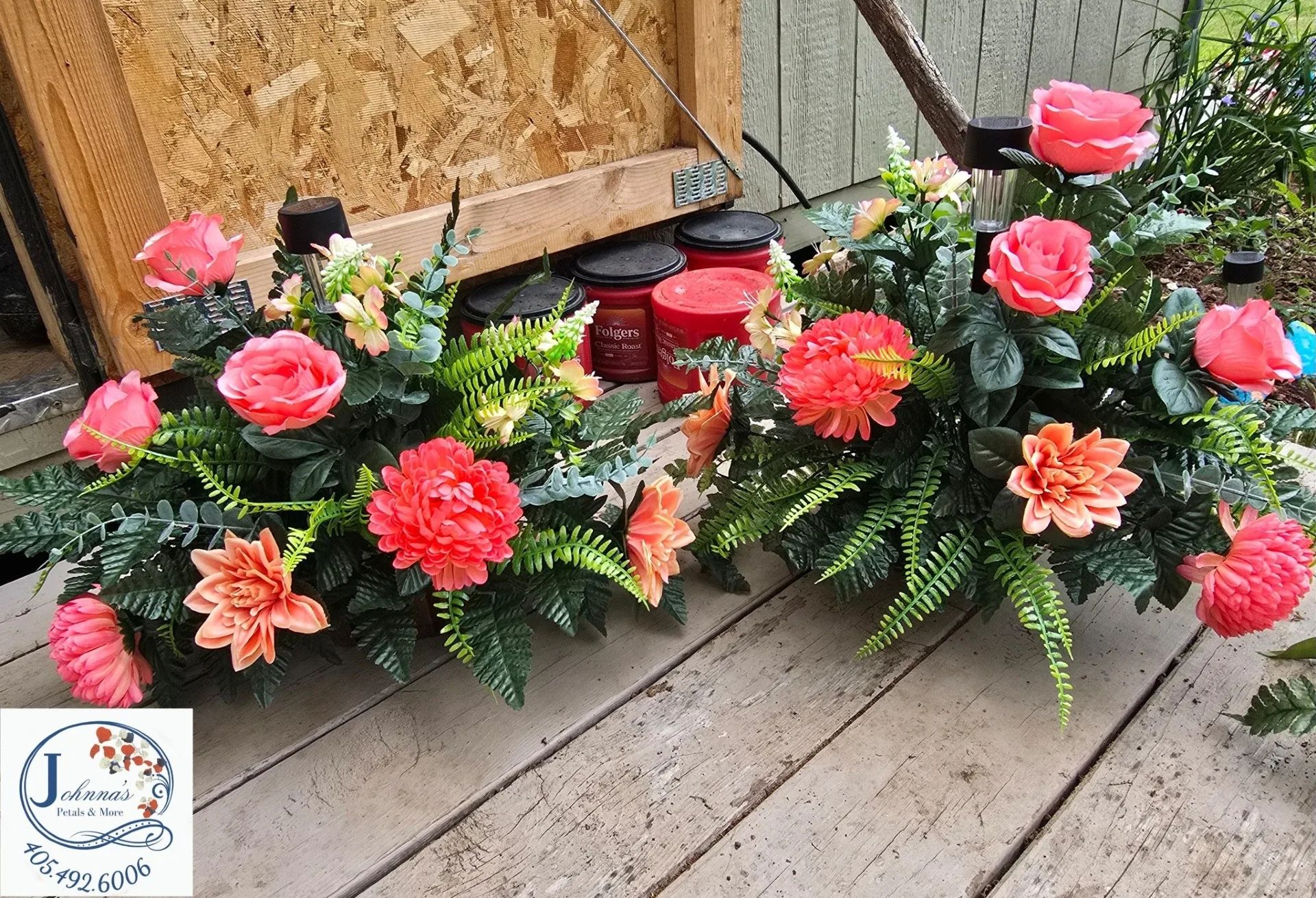 'Peach' Silk Cemetery Vases on Brick w/solar Silk Arrangement