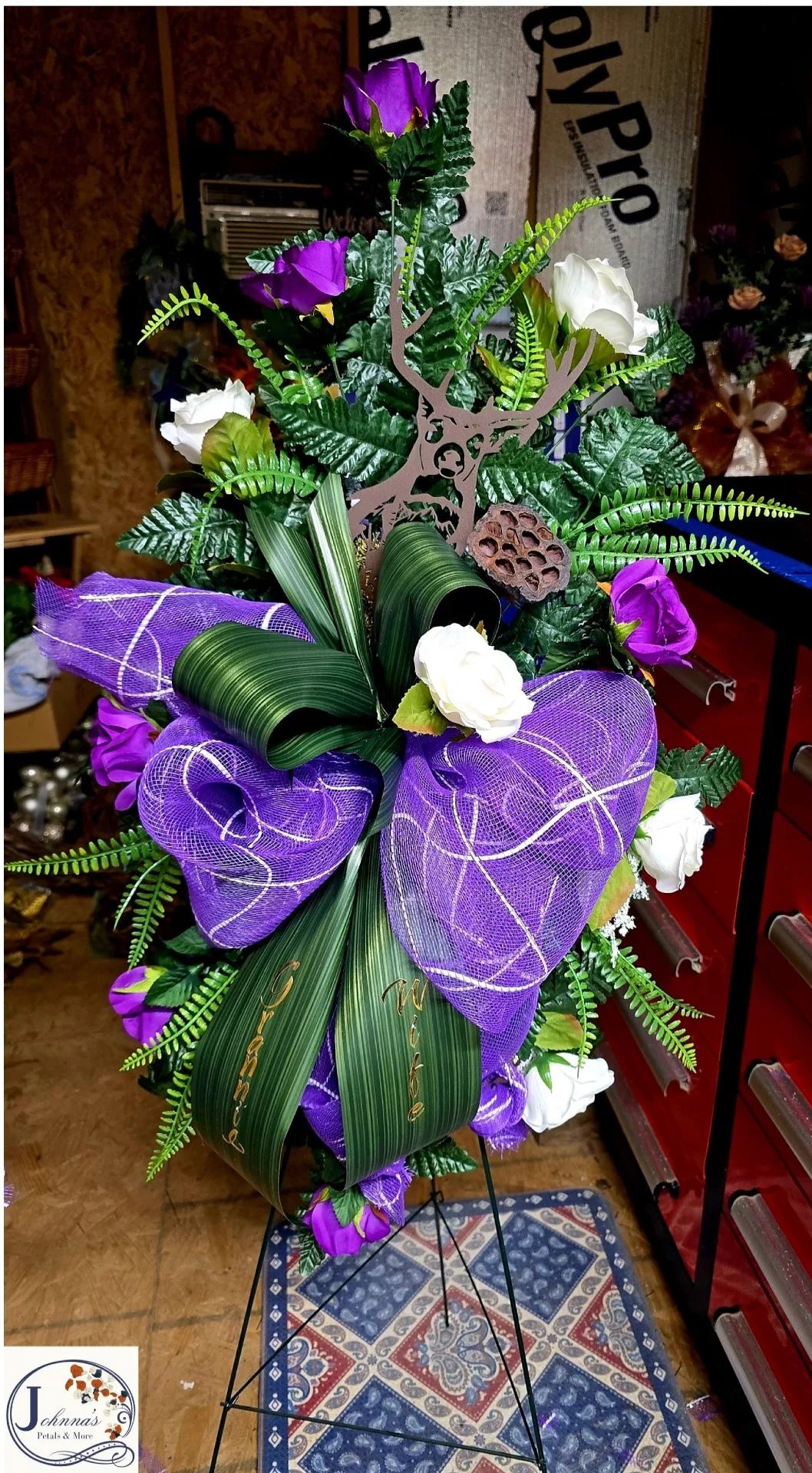 Deer Themed Silk Funeral Spray on easel Silk Arrangement
