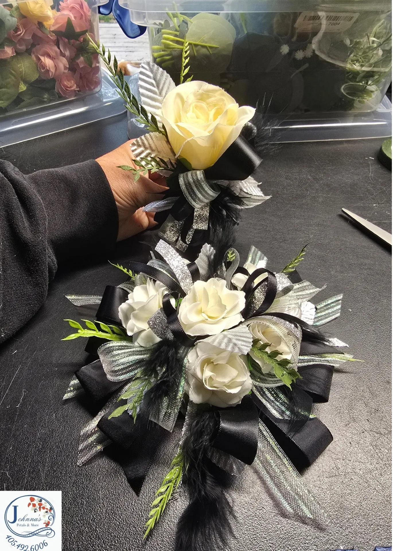 Black & Silverton Wrist Corsage & Boutonniere Silk Ensemble Set Black & Silverton Wrist Corsage & Boutonniere Silk Ensemble Set