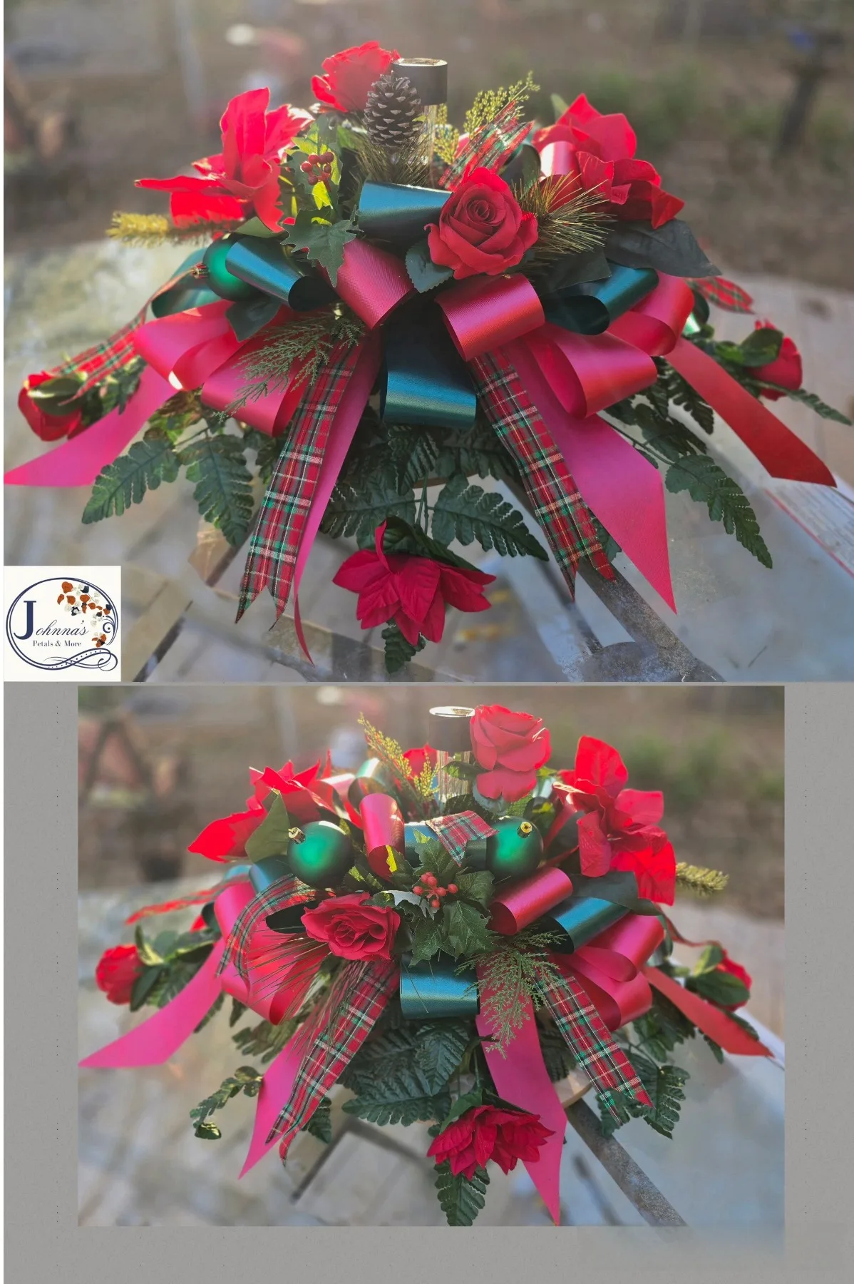 Silk Christmas Cemetery Saddle w/solar light Silk Arrangement Silk Christmas Cemetery Saddle w/solar light Silk Arrangement