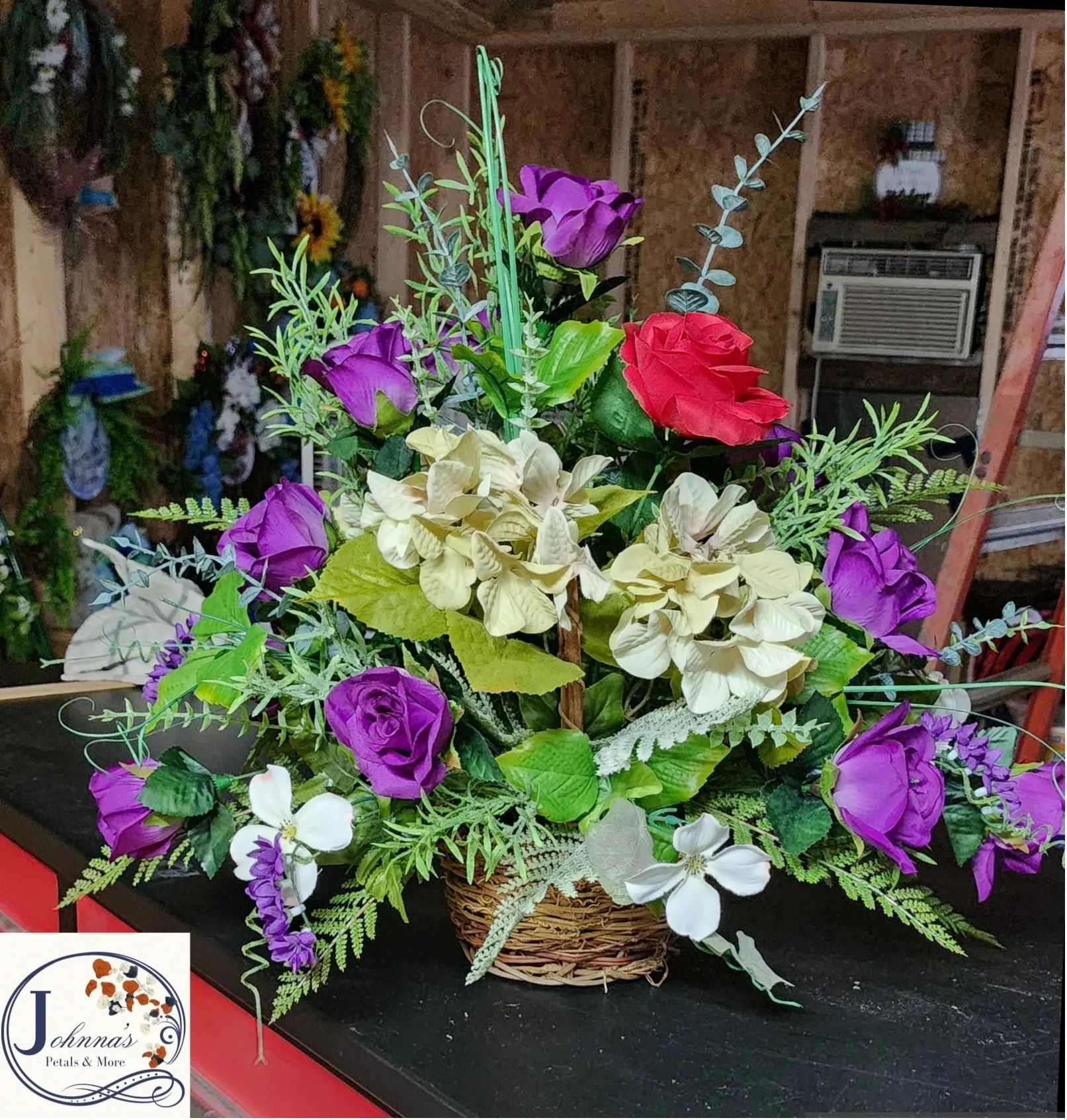 Silk basket arrangement with 1 red rose Silk Arrangement