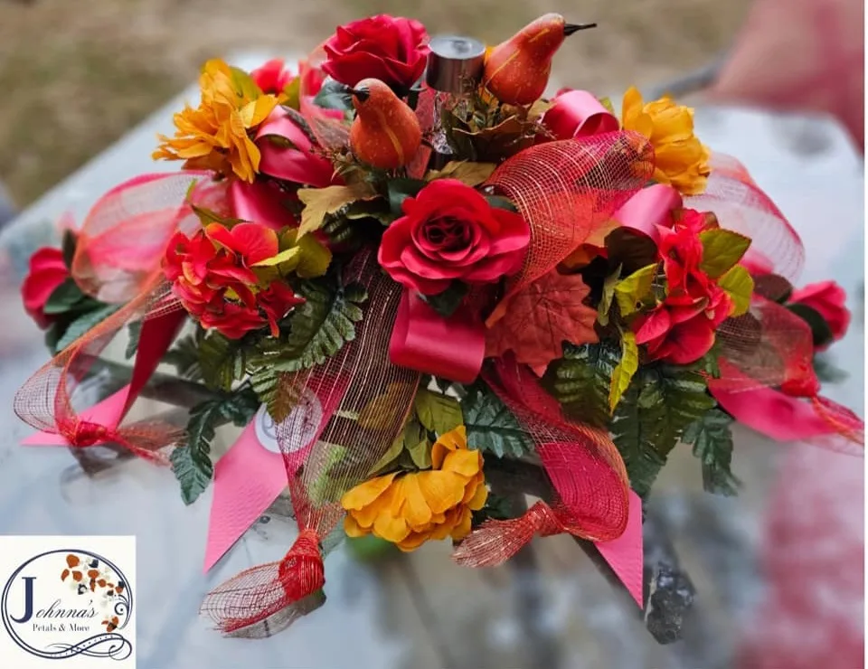 Fall Gourd Silk Cemetery Floral on brick with solar light Fall Gourd Silk Cemetery Floral on brick with solar light