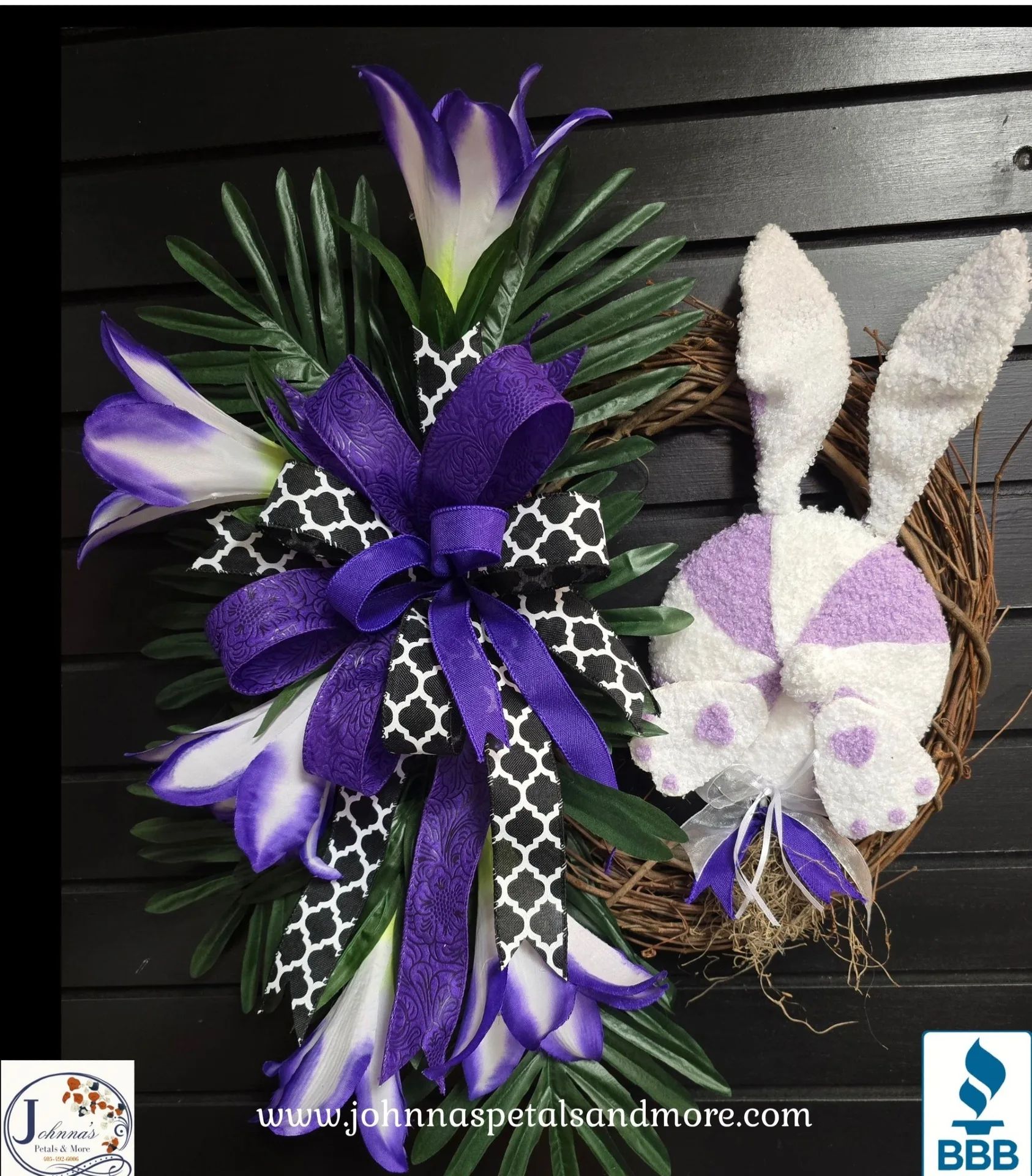 Purple Trumpet Lily Rabbit Grapevine Wreath