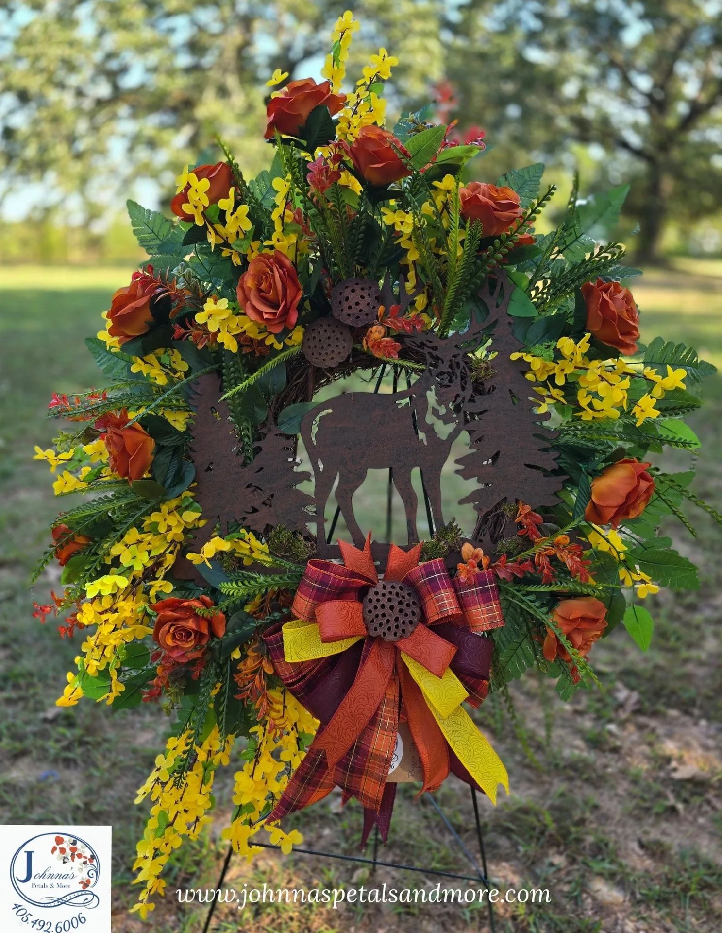 'Deer Themed' Grapevine Wreath Funeral Floral Silk Arrangement