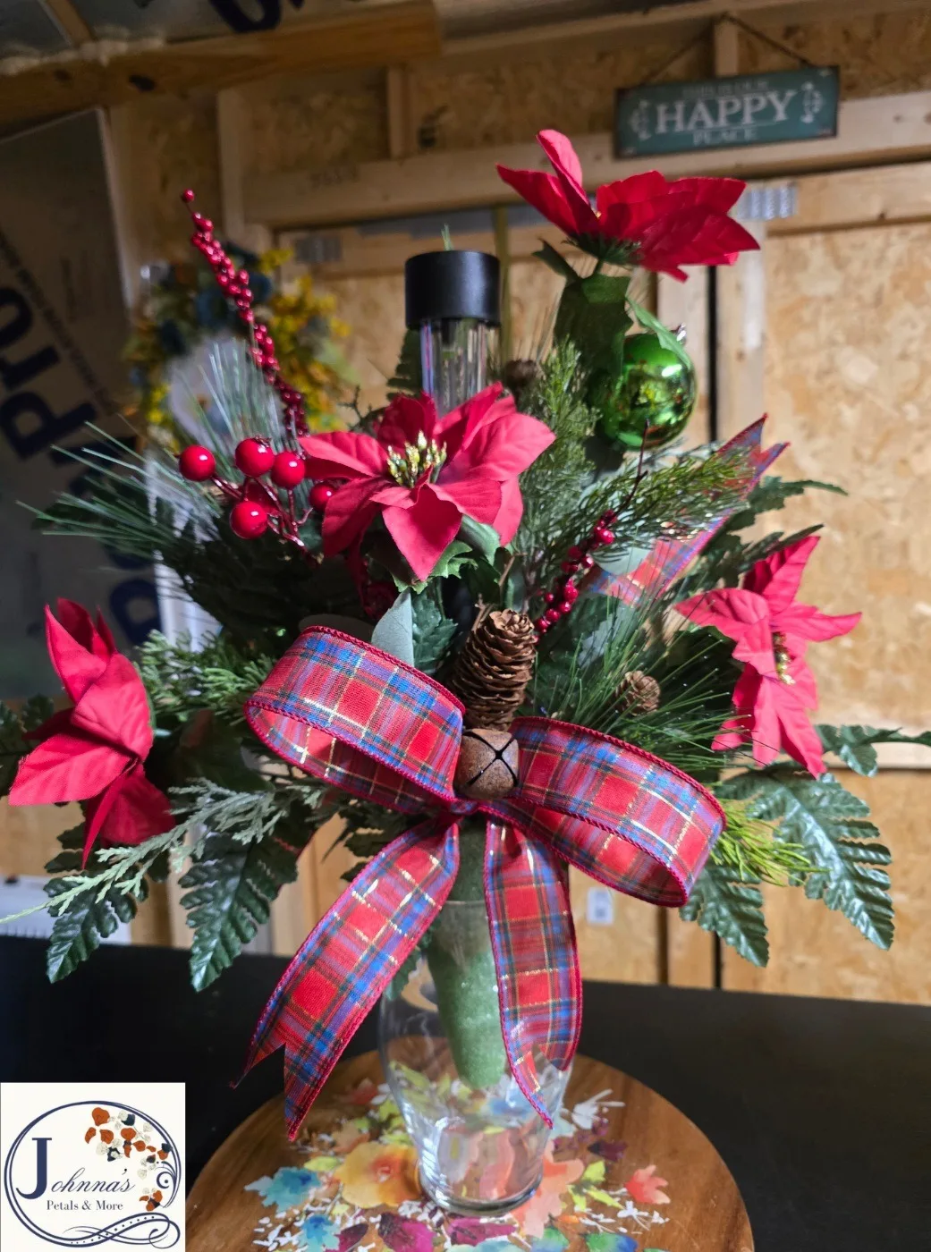 Christmas Silk Cemetery Vase Insert w/solar Silk Arrangement Christmas Silk Cemetery Vase Insert w/solar Silk Arrangement