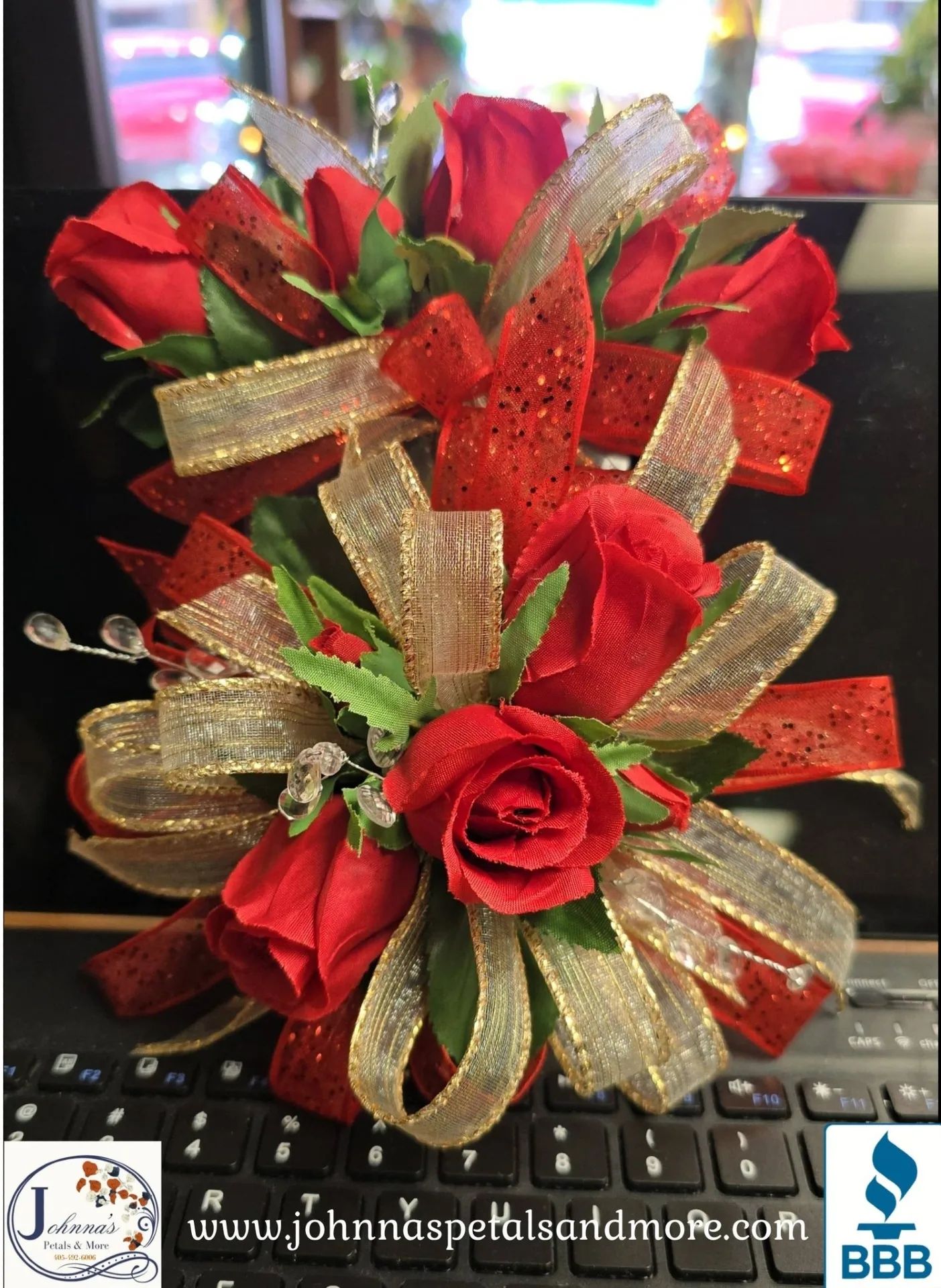 Red and Gold Silk Pocket Boutonniere and Wrist ensemble Corsage