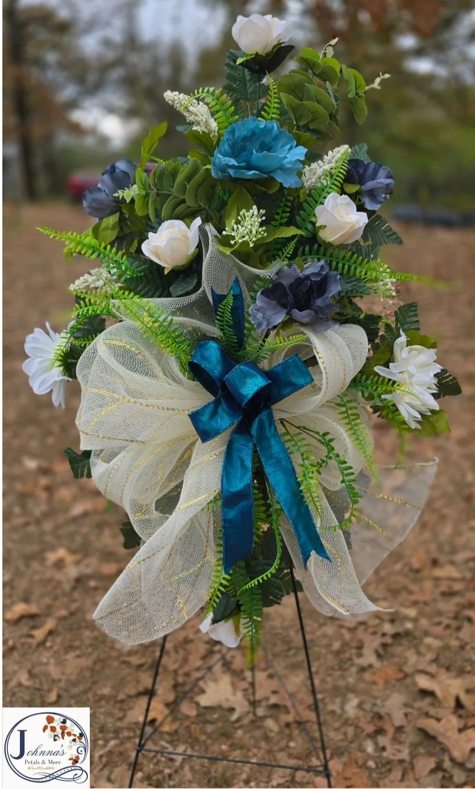 Turquoise and Cream Silk Spray on stand Silk Arrangement