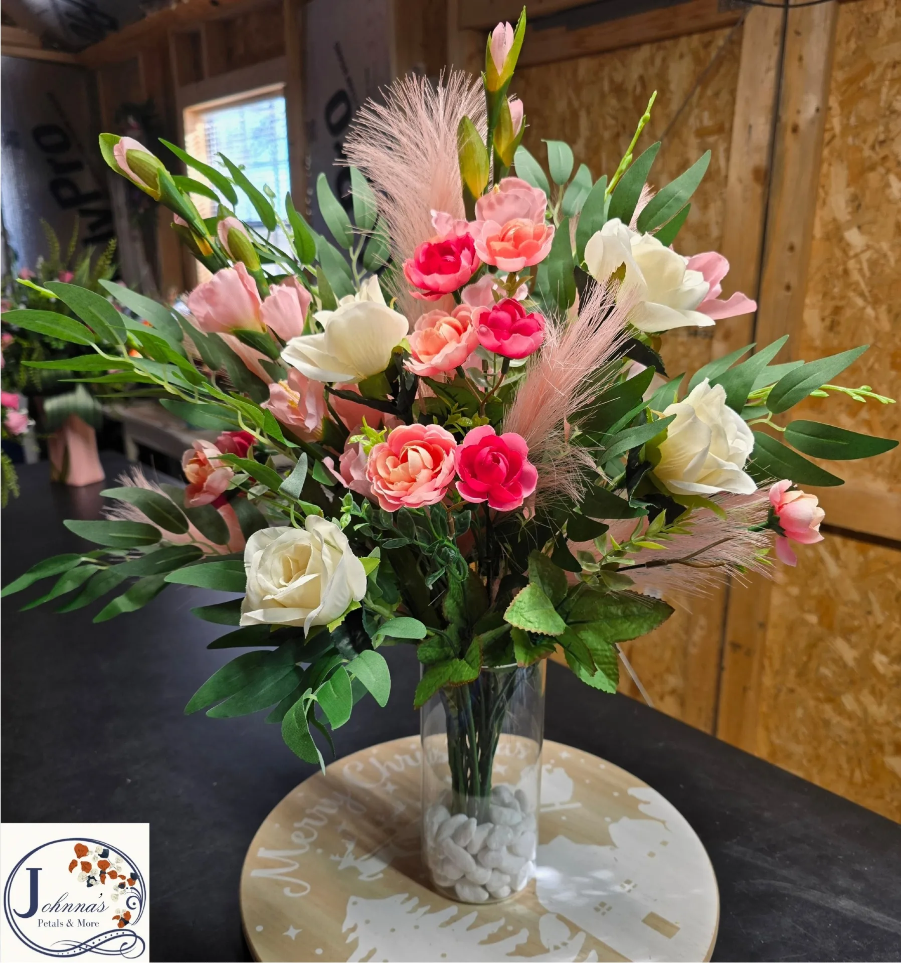 Silk mixed vase arrangement with 1/2 dz cream rose Silk Arrangement Silk mixed vase arrangement with 1/2 dz cream rose Silk Arrangement