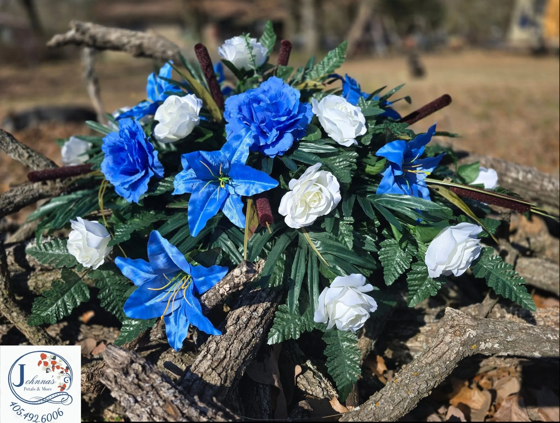 Blue and White Silk Casket Spray Blue and White Silk Casket Spray