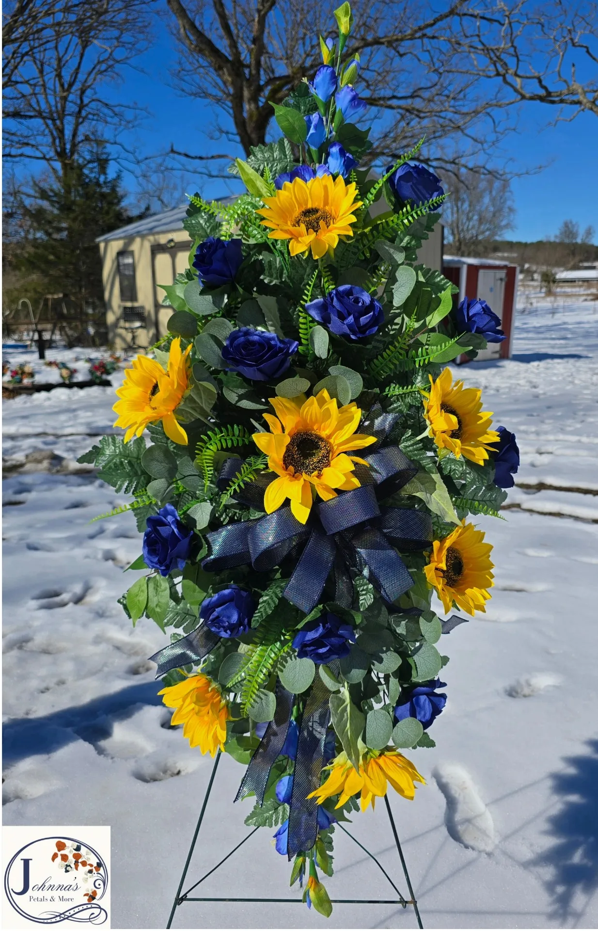 Sunflower and Navy Rose Silk Spray on Easel Sunflower and Navy Rose Silk Spray on Easel