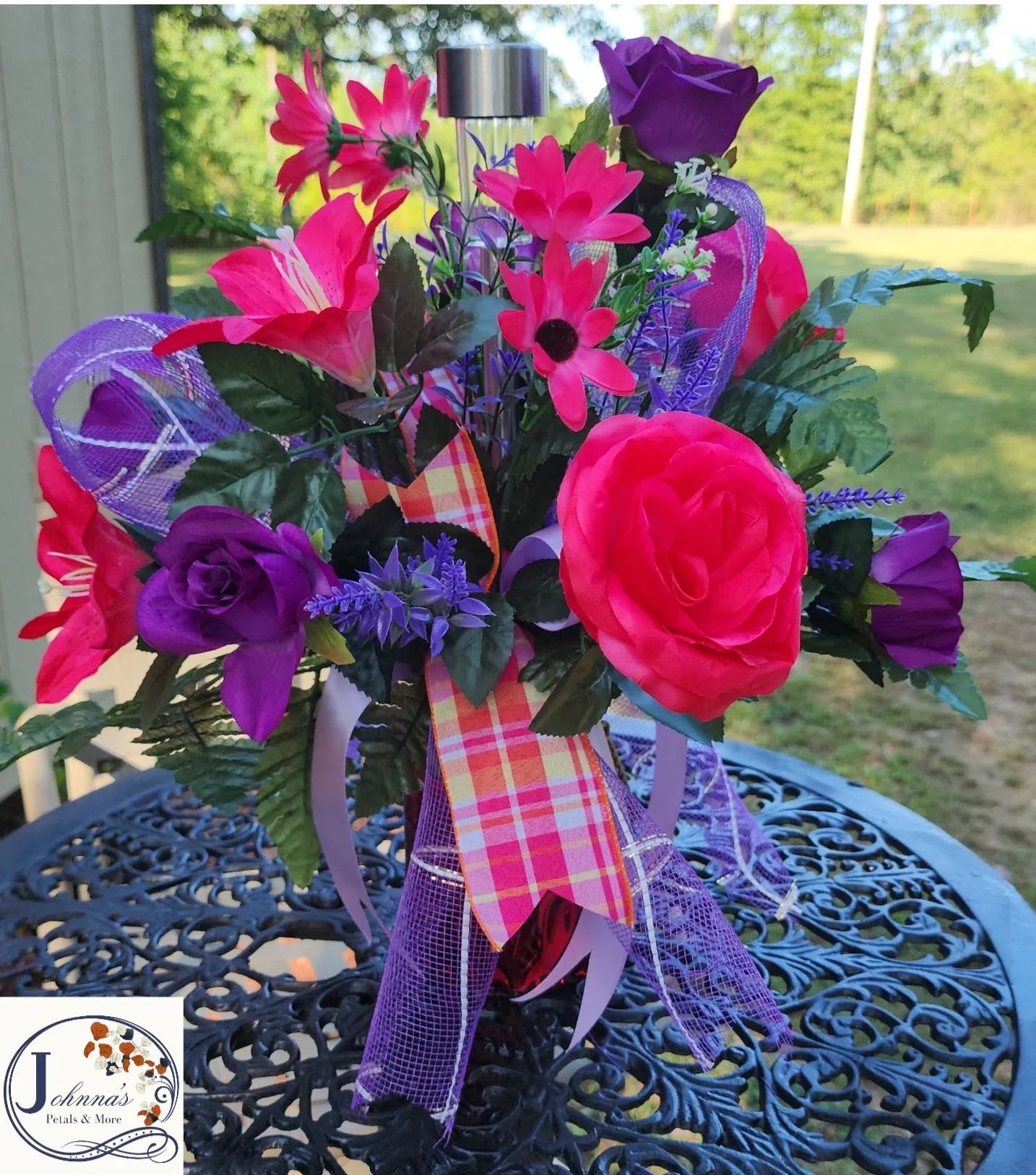 Pink & Purple Silk Cemetery Vase Insert w/solar