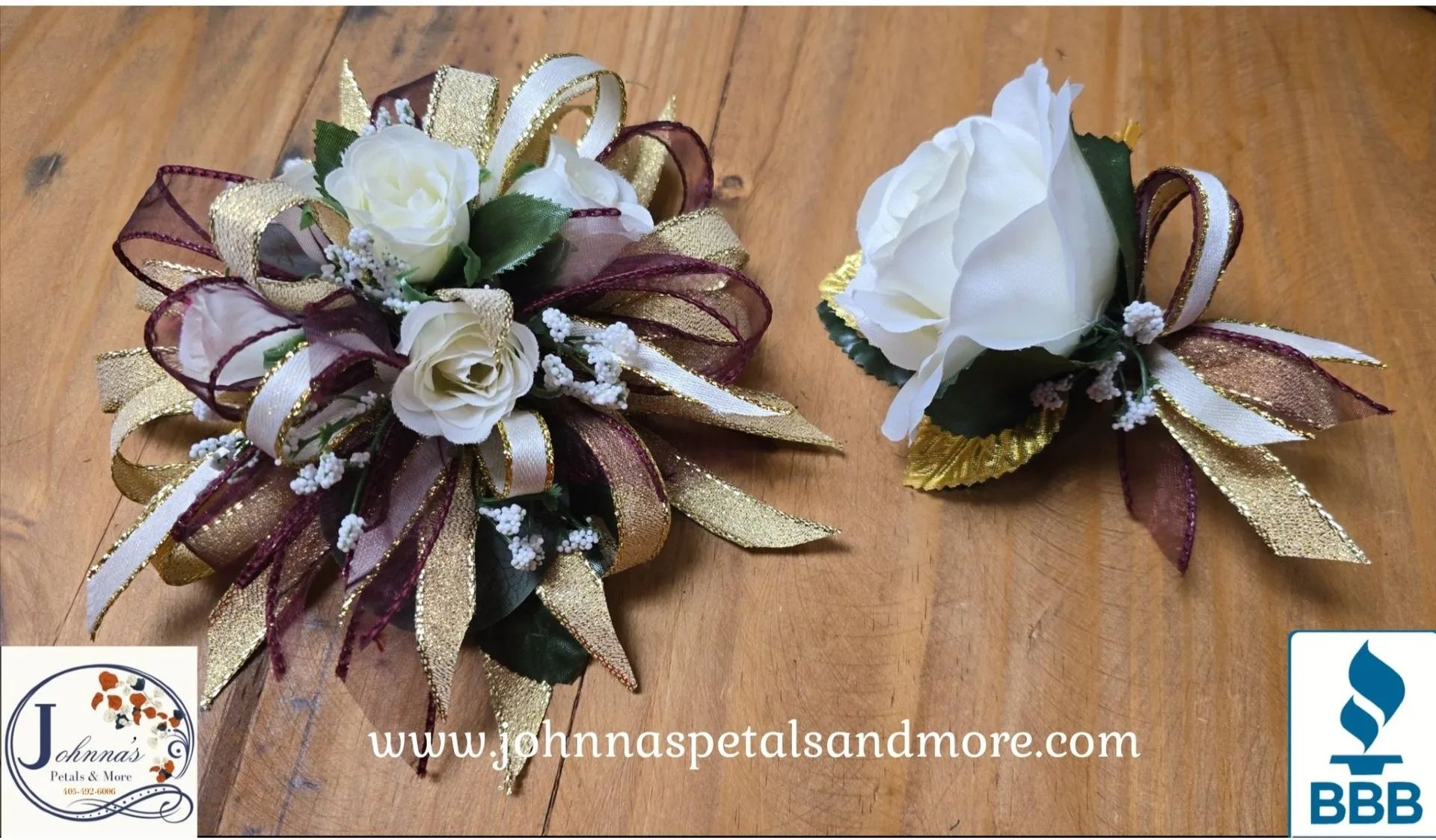 Burgandy and Gold Silk Wrist Corsage and Boutonniere Ensemble-Set