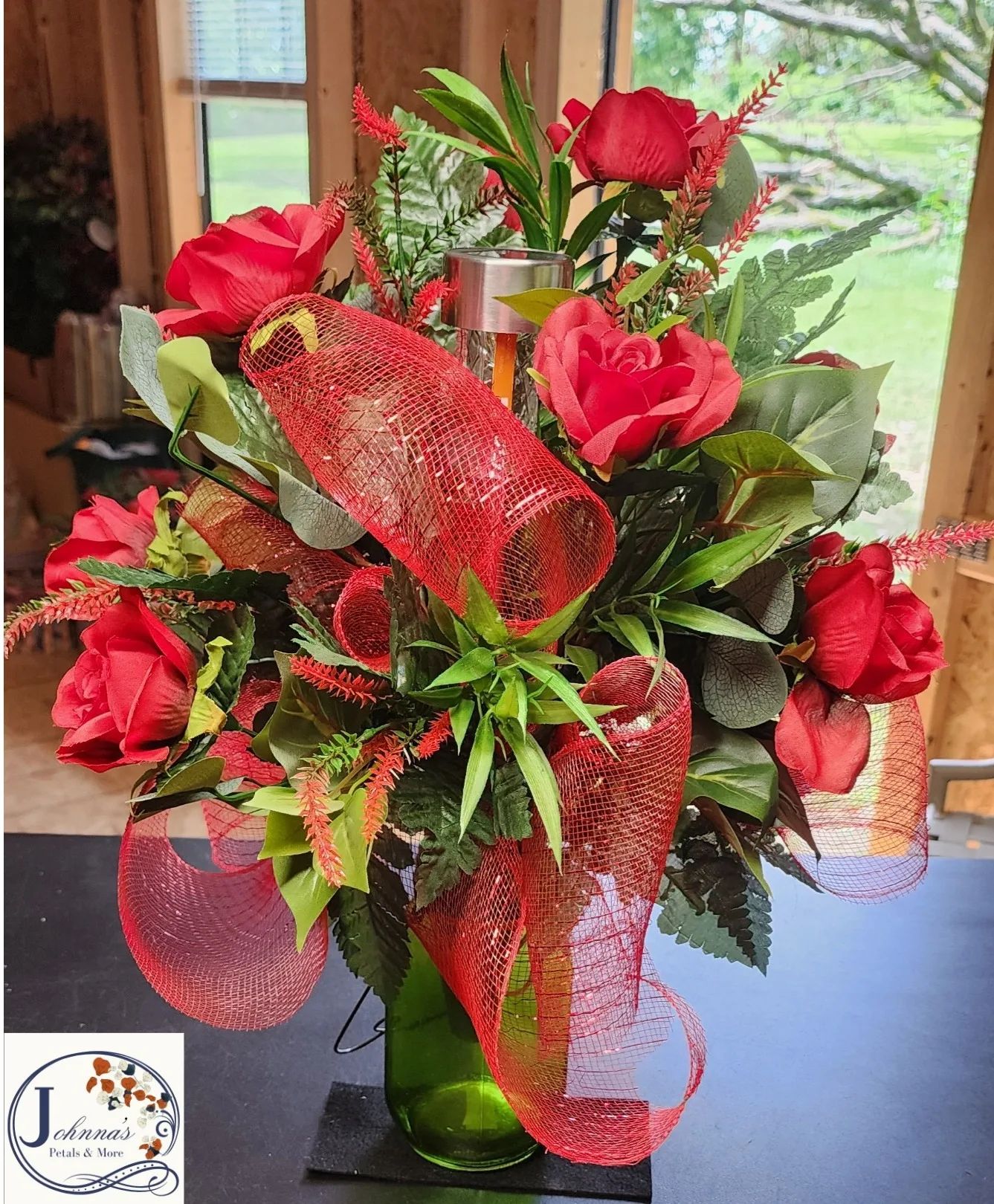 Elegant Silk Vase Insert With Solar Light Of Red Roses