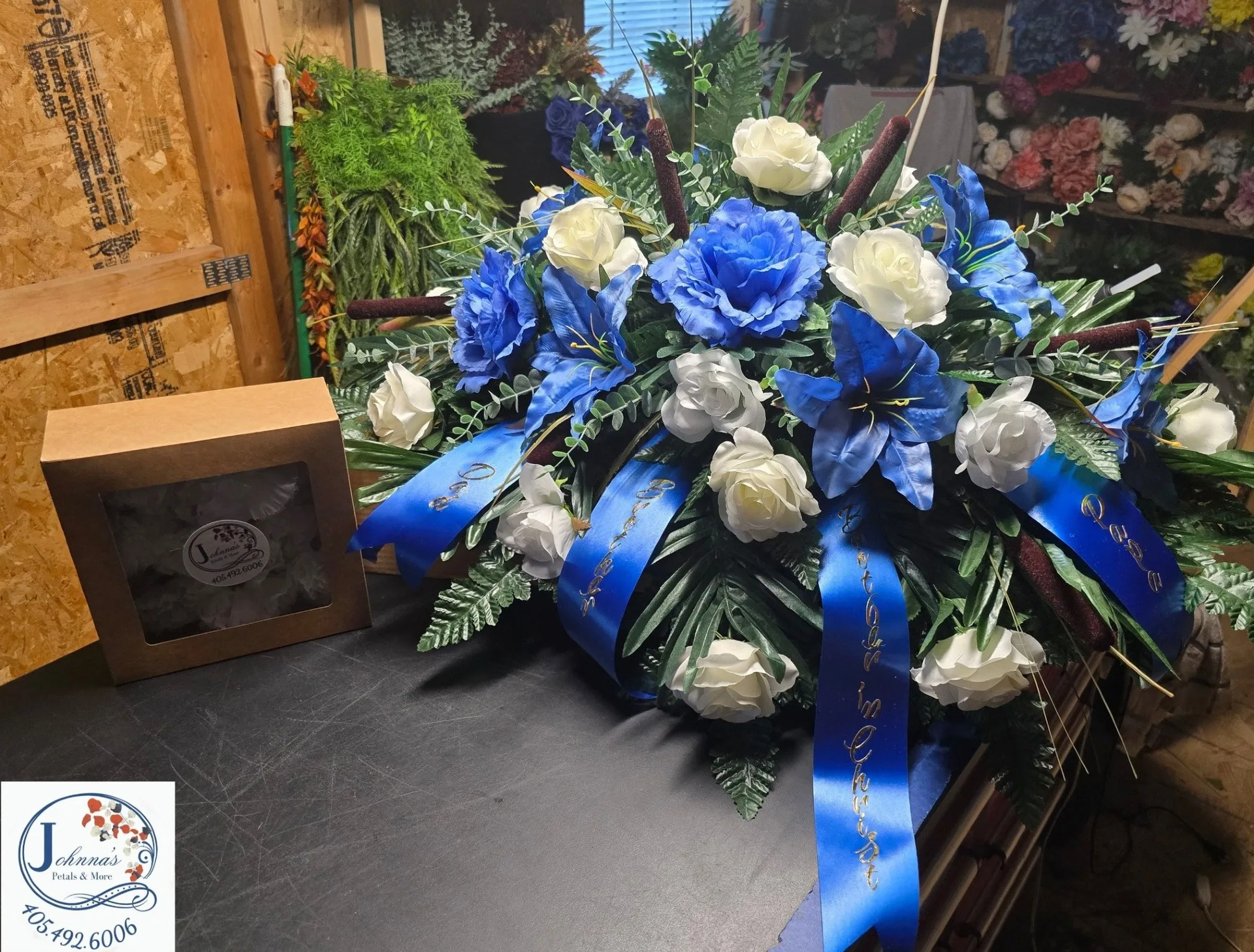 Blue and White Silk Casket Spray Blue and White Silk Casket Spray