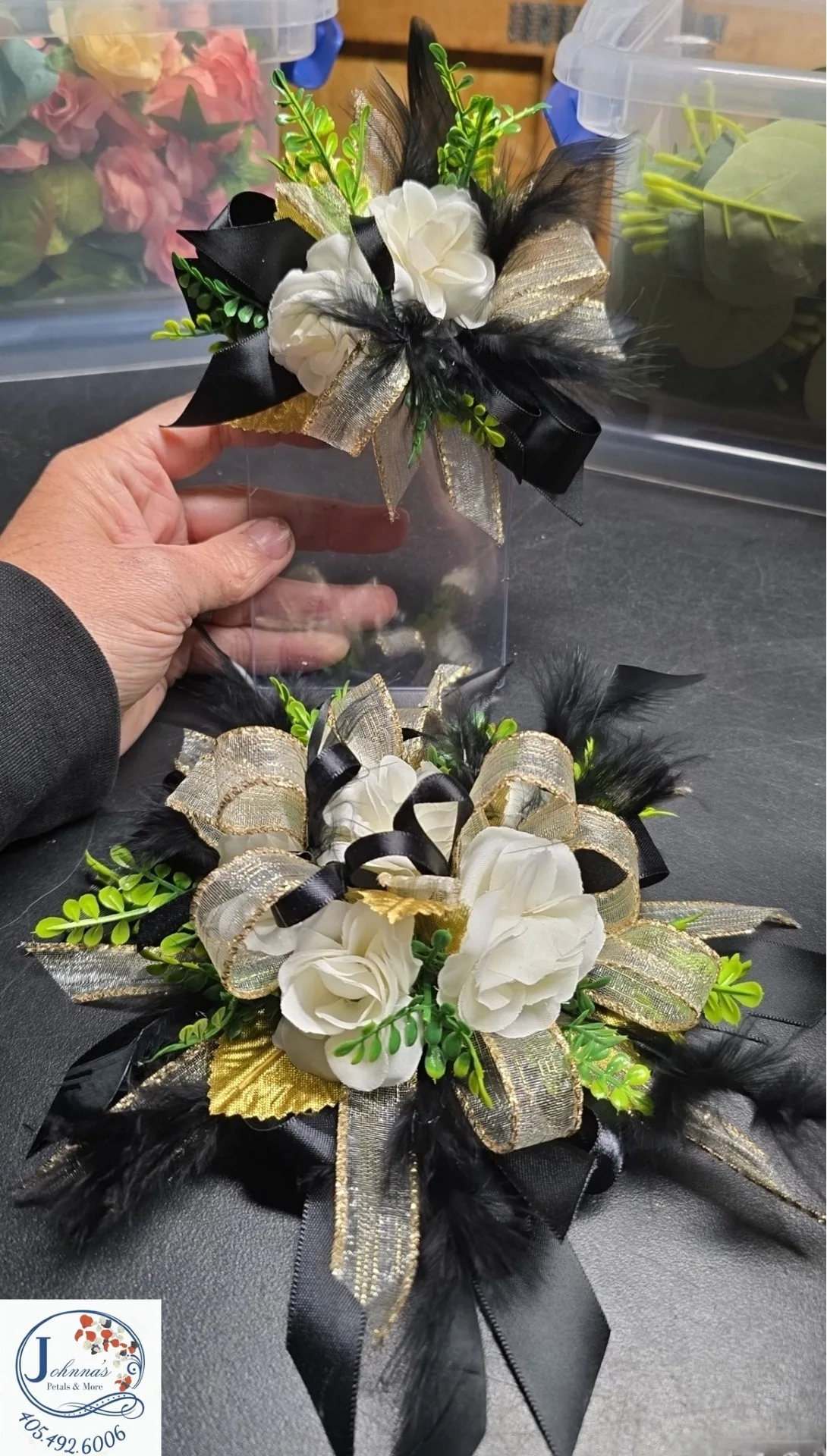 Black and Gold Wrist Corsage & Pocket Boutonniere Silk Ensemble Set Black and Gold Wrist Corsage & Pocket Boutonniere Silk Ensemble Set