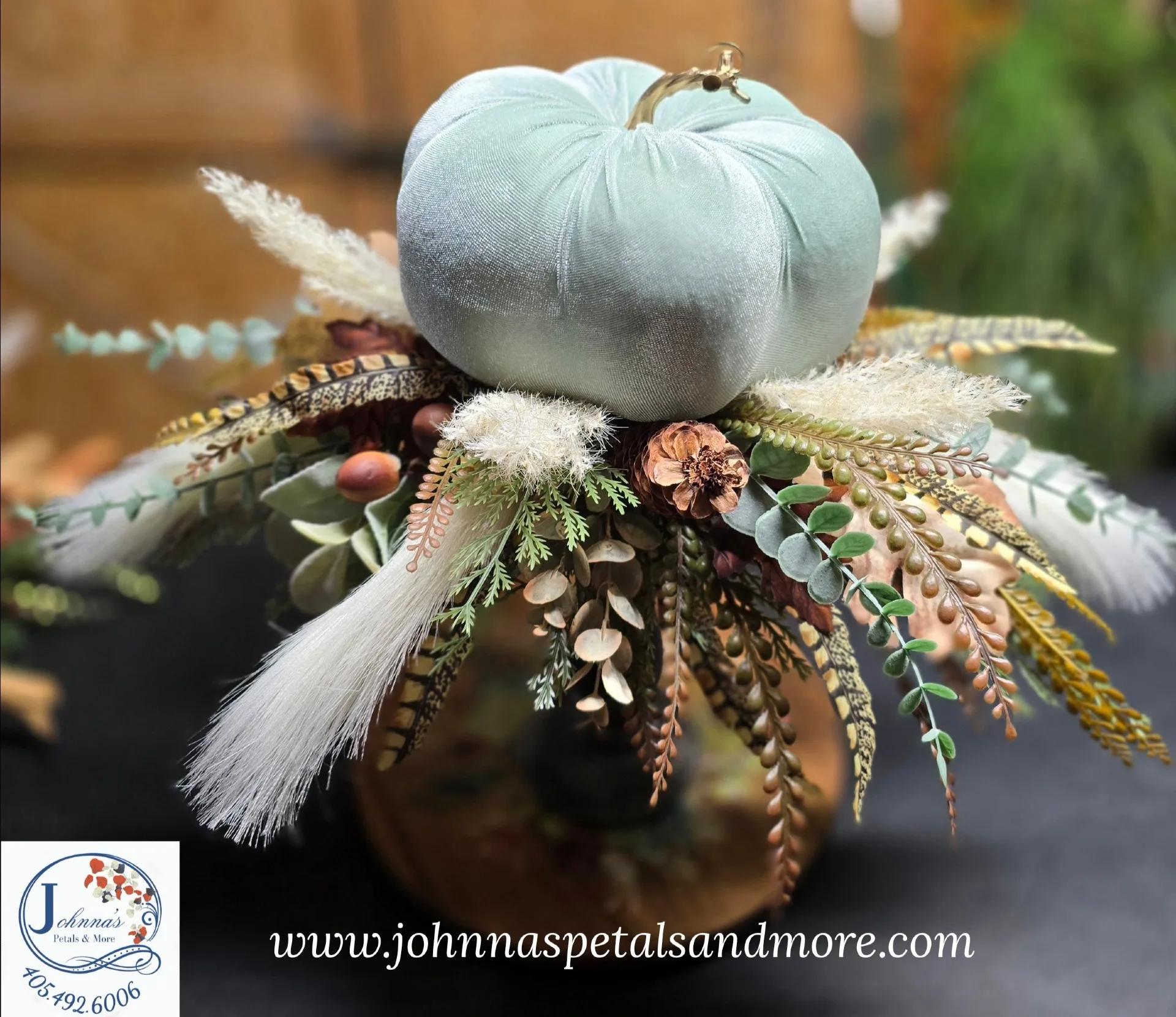 Blue Pumpkin Silk Centerpiece on Candle Holder Blue Pumpkin Silk Centerpiece on Candle Holder