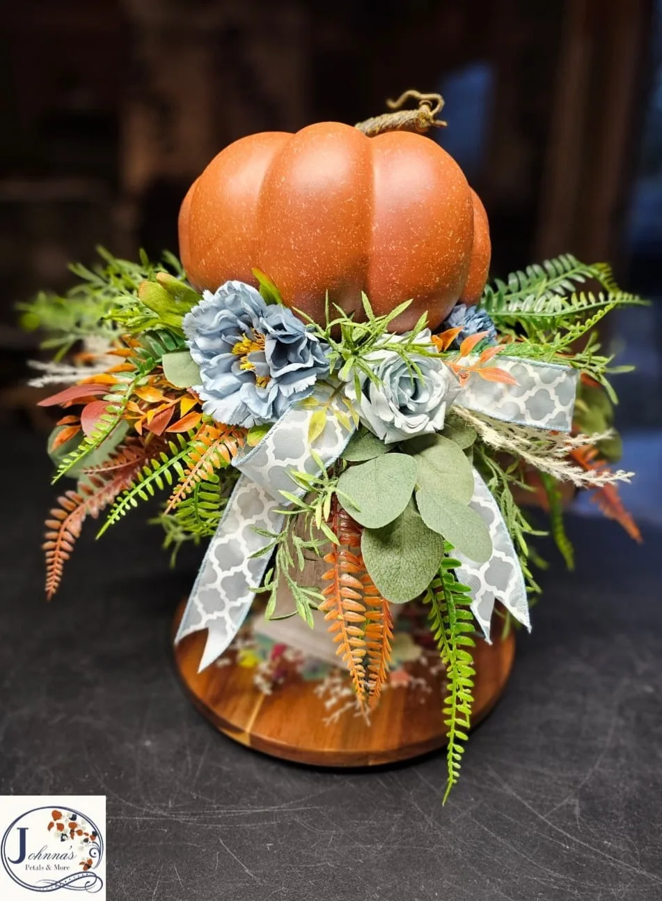 Orange Sky Harvest Silk Pumpkin Centerpiece on candle holder Orange Sky Harvest Silk Pumpkin Centerpiece on candle holder