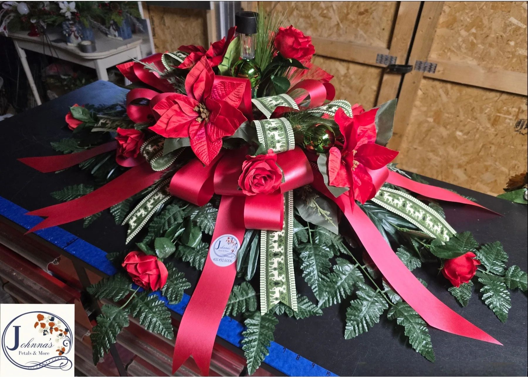 Silk Christmas Cemetery Grave Blanket w/solar Silk Arrangement