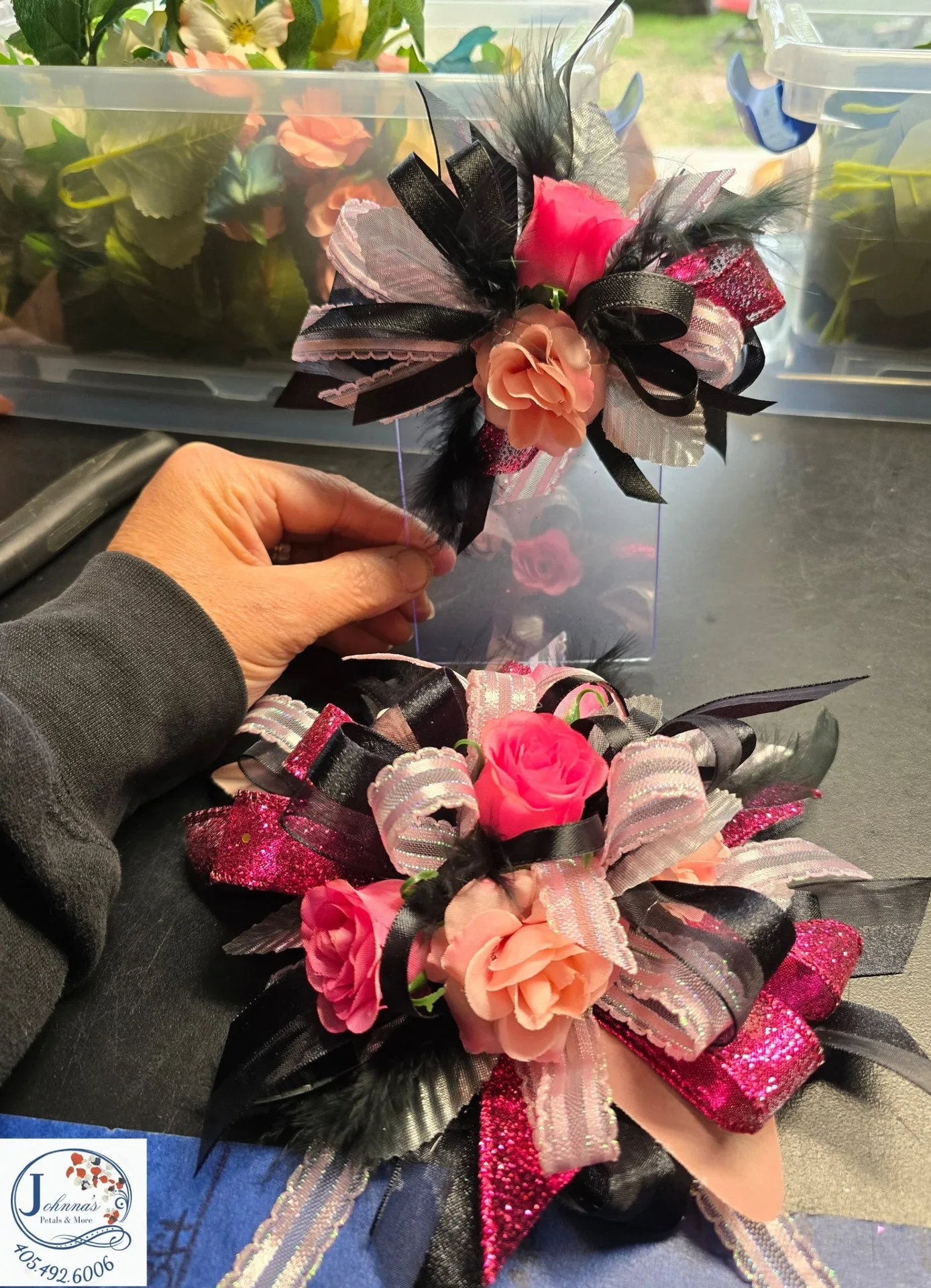 Pink & Blacktown Wrist Corsage & Pocket Bout Silk Ensemble Set Pink & Blacktown Wrist Corsage & Pocket Bout Silk Ensemble Set