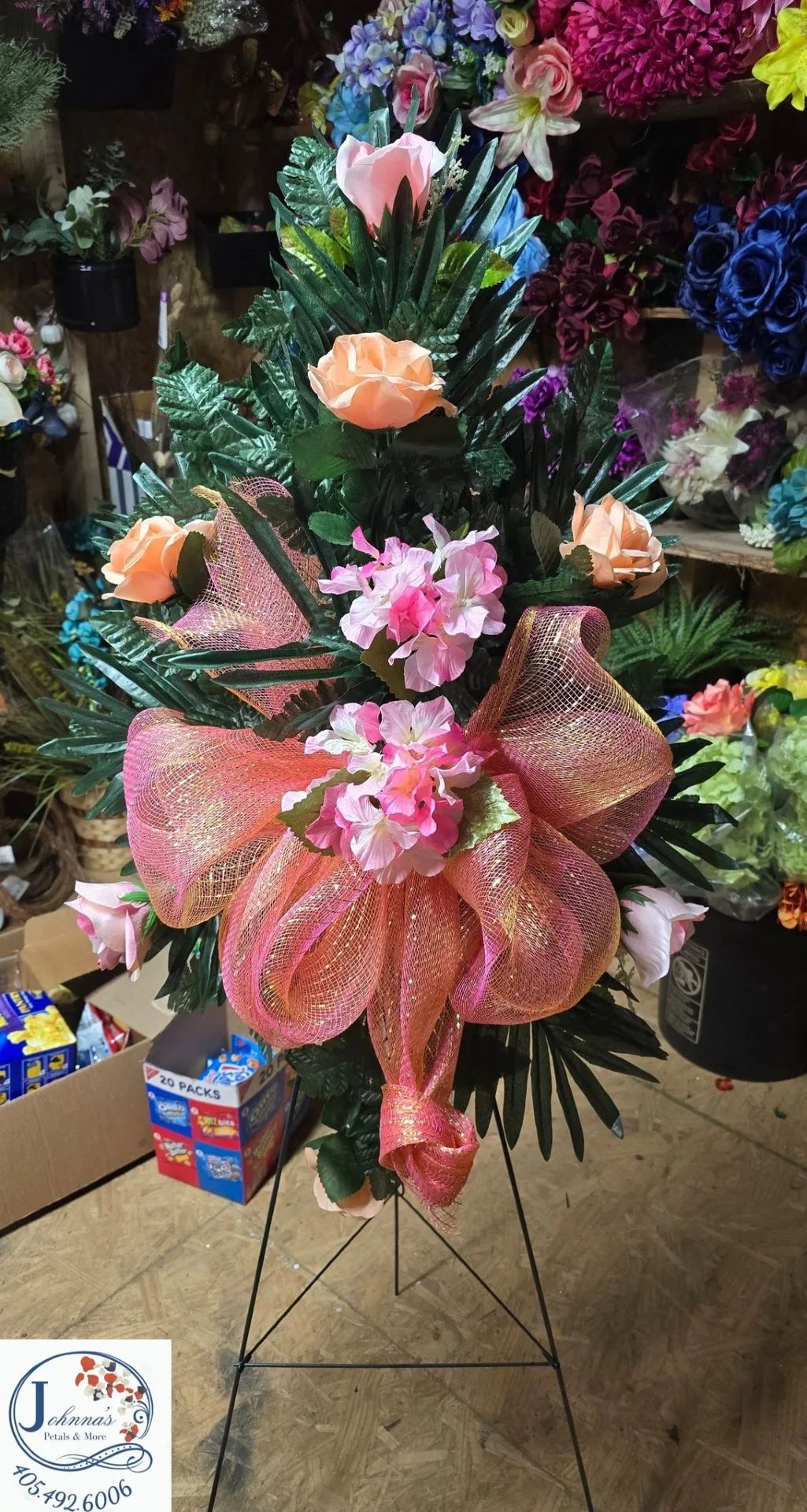 Peach and Pink Silk Spray on easel Silk Arrangement