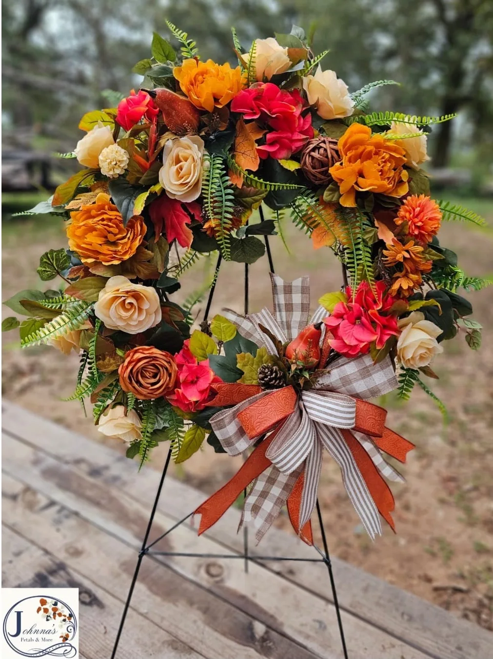 Fall Grapevine Wreath displayed on easel Silk Arrangement Fall Grapevine Wreath displayed on easel Silk Arrangement