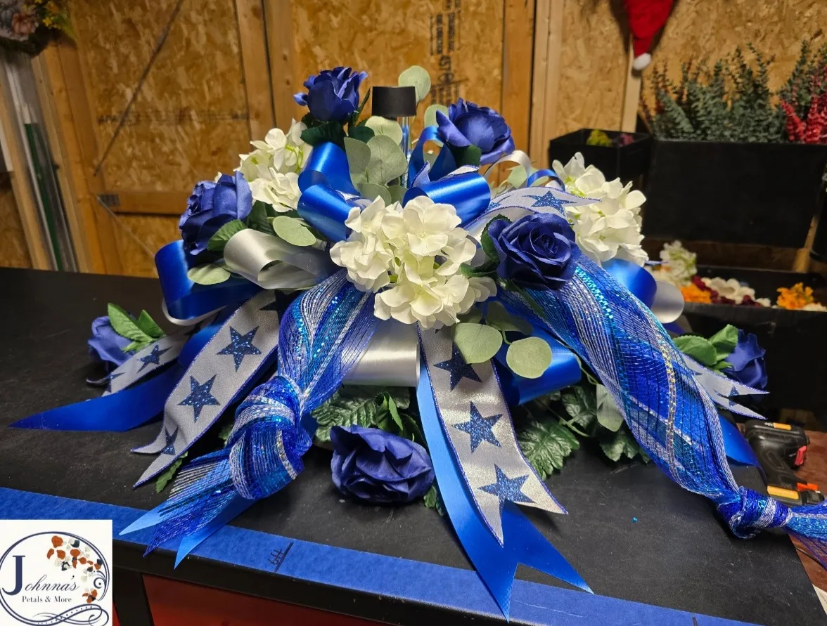 Dallas Themed Cemetery Silk Spray w/solar Silk Arrangement Dallas Themed Cemetery Silk Spray w/solar Silk Arrangement