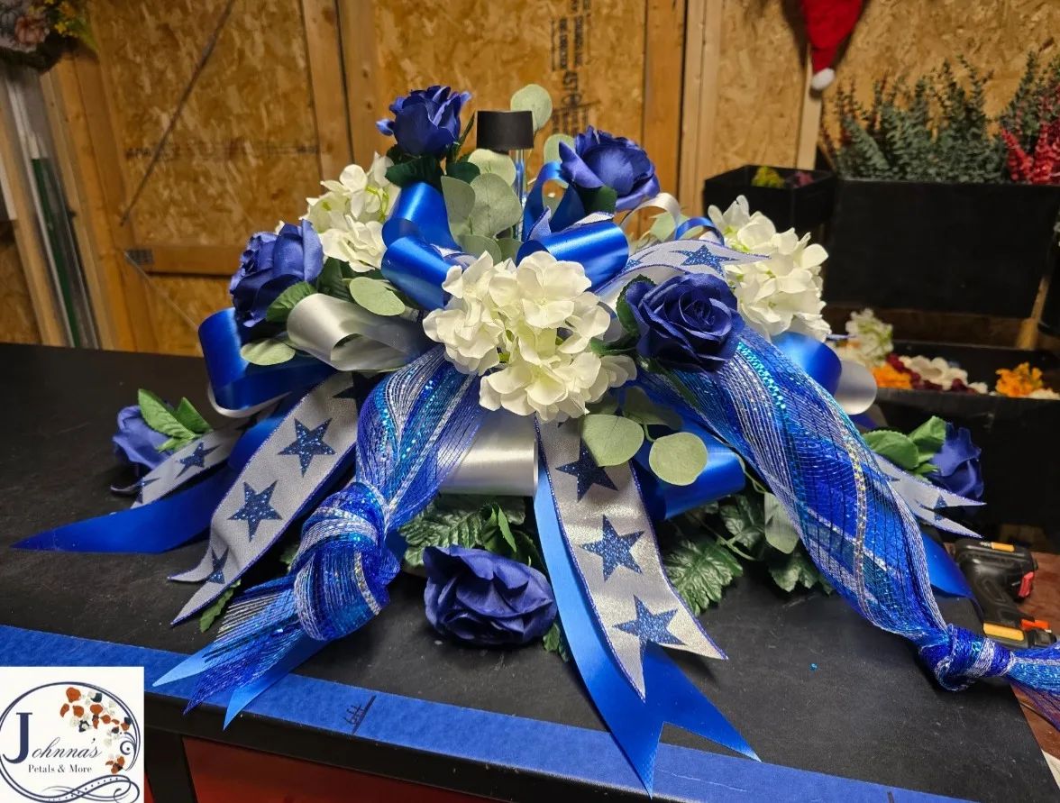Dallas Themed Cemetery Silk Spray w/solar Silk Arrangement