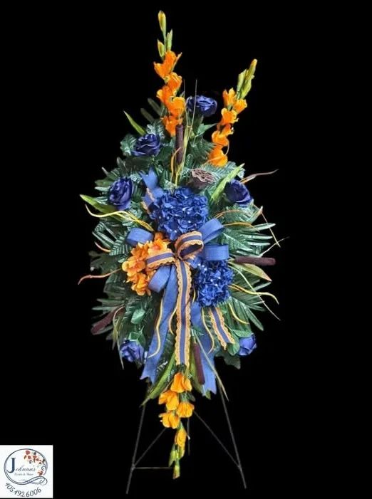 Navy & Orange Silk Spray on easel Silk Arrangement