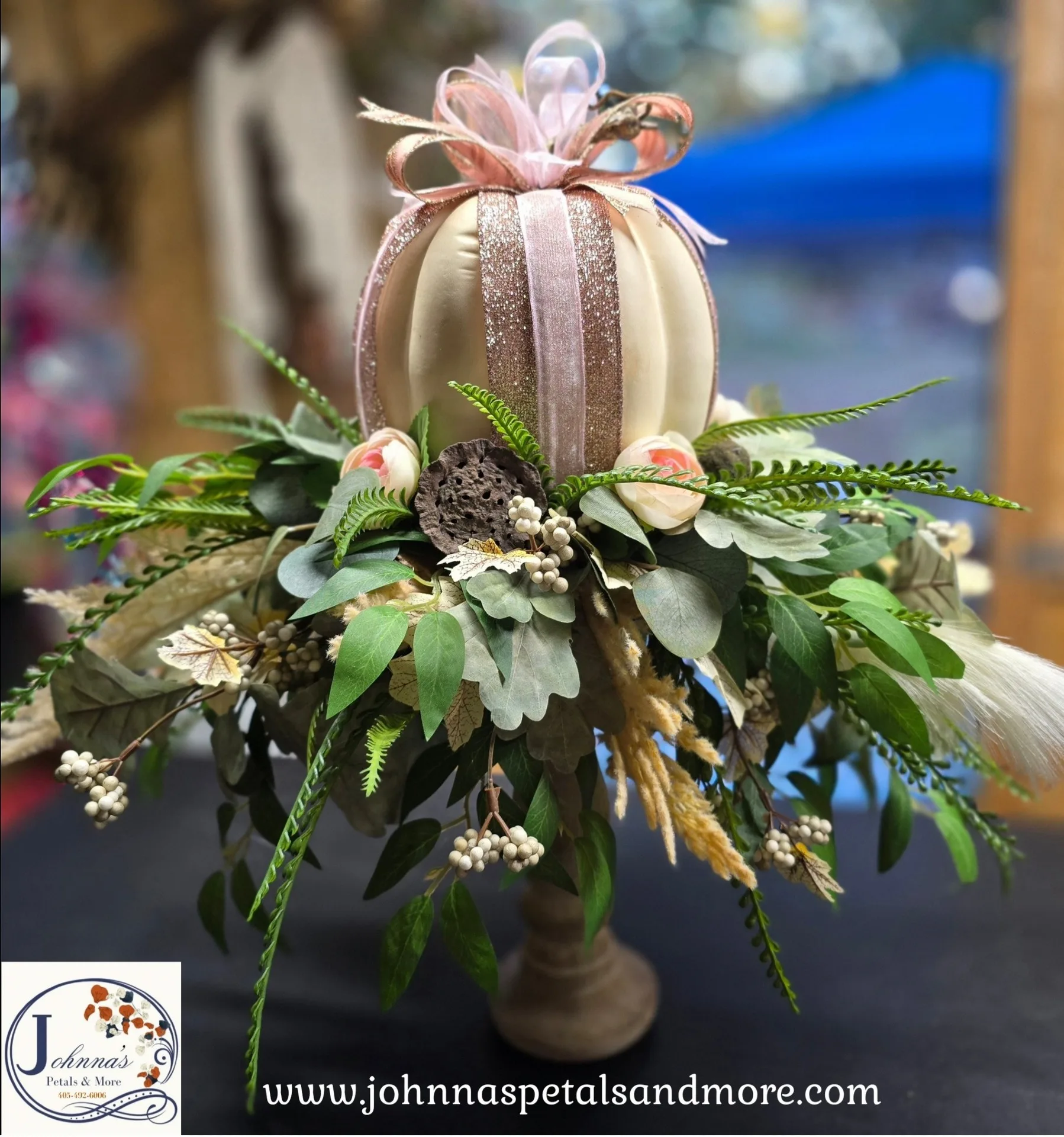 Pink & Cream Pumpkin on candle holder Centerpiece Pink & Cream Pumpkin on candle holder Centerpiece