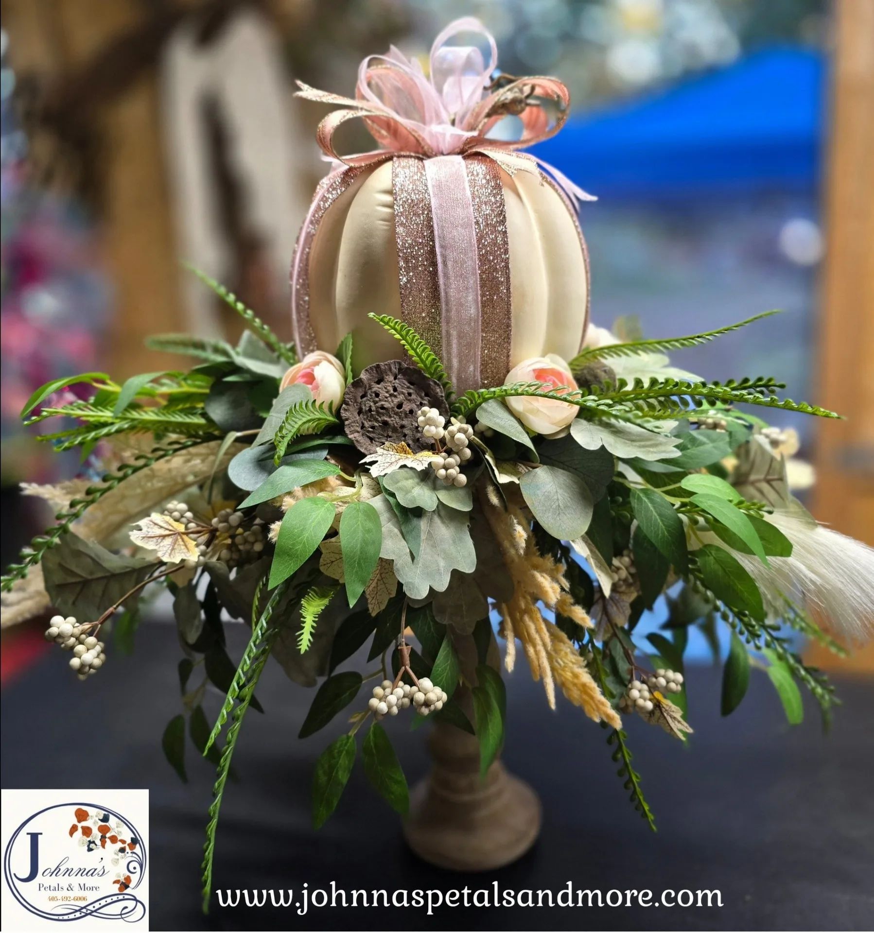 Pink & Cream Pumpkin on candle holder Centerpiece