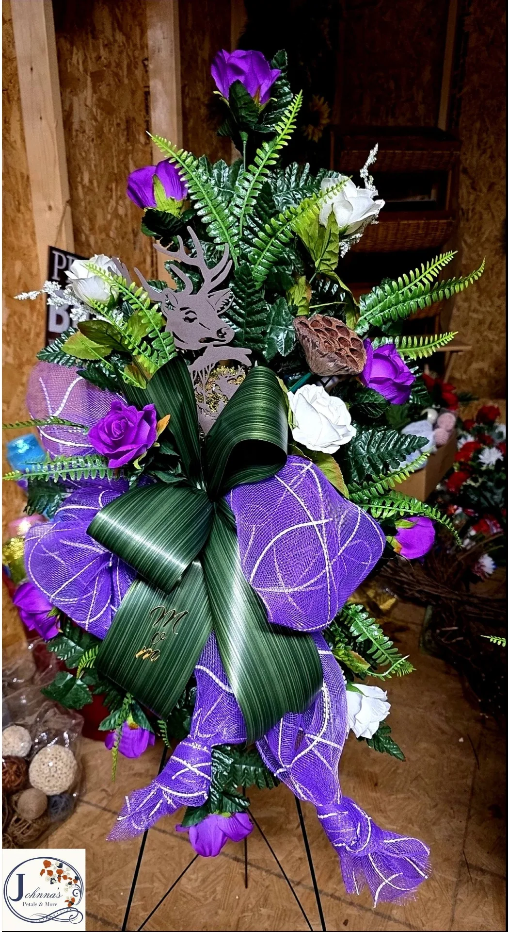 Deer Themed Silk Funeral Spray on easel Silk Arrangement Deer Themed Silk Funeral Spray on easel Silk Arrangement