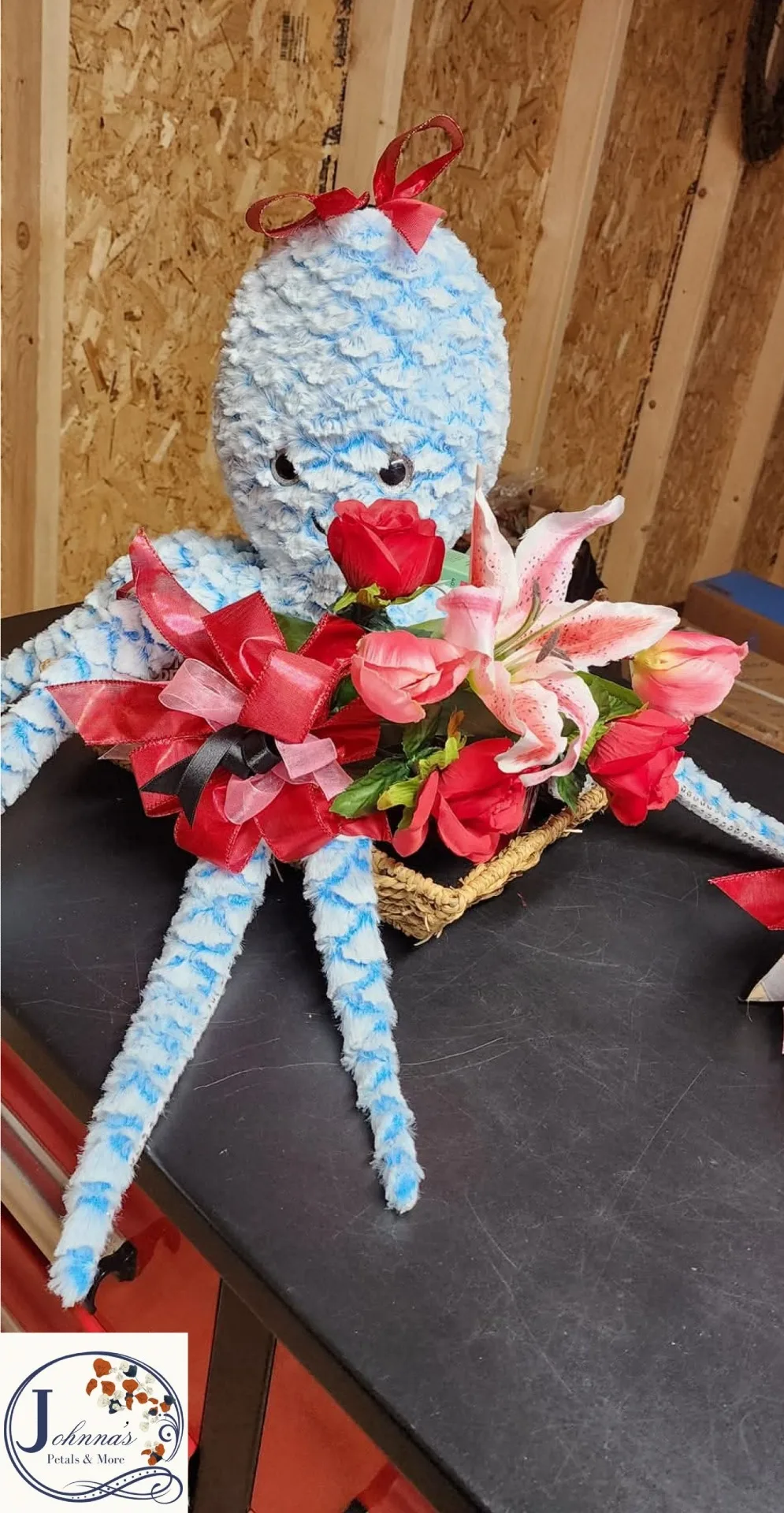 Stuffed animal with silk arm bokay with snacks Stuffed animal with silk arm bokay with snacks